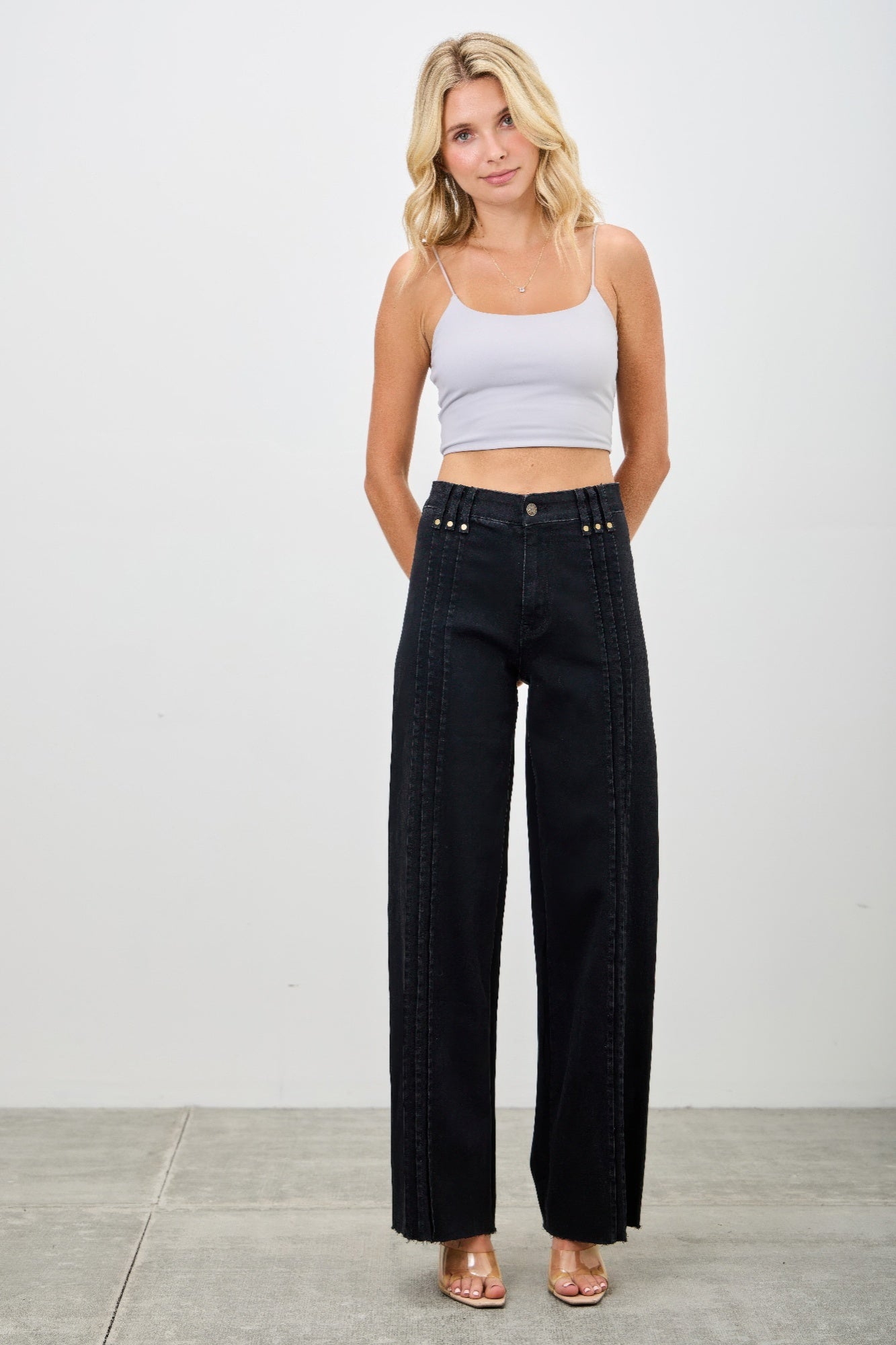 Toshe Women's Fashions high rise straight jeans with front line detailing, blue denim, and classic fit.