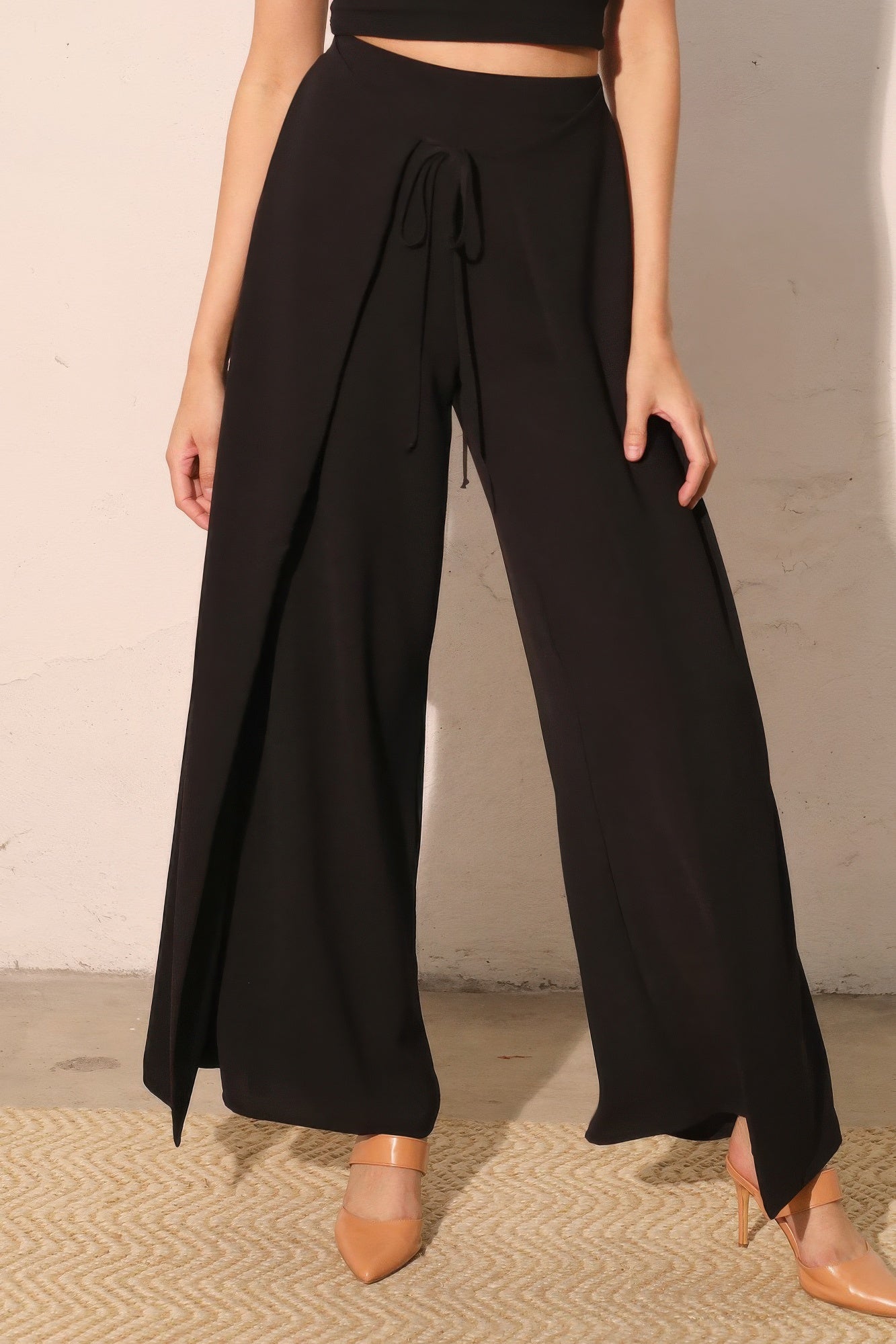 Matte crepe overlap pants by Toshe Women's Fashions, featuring a stylish layered design and tailored fit.