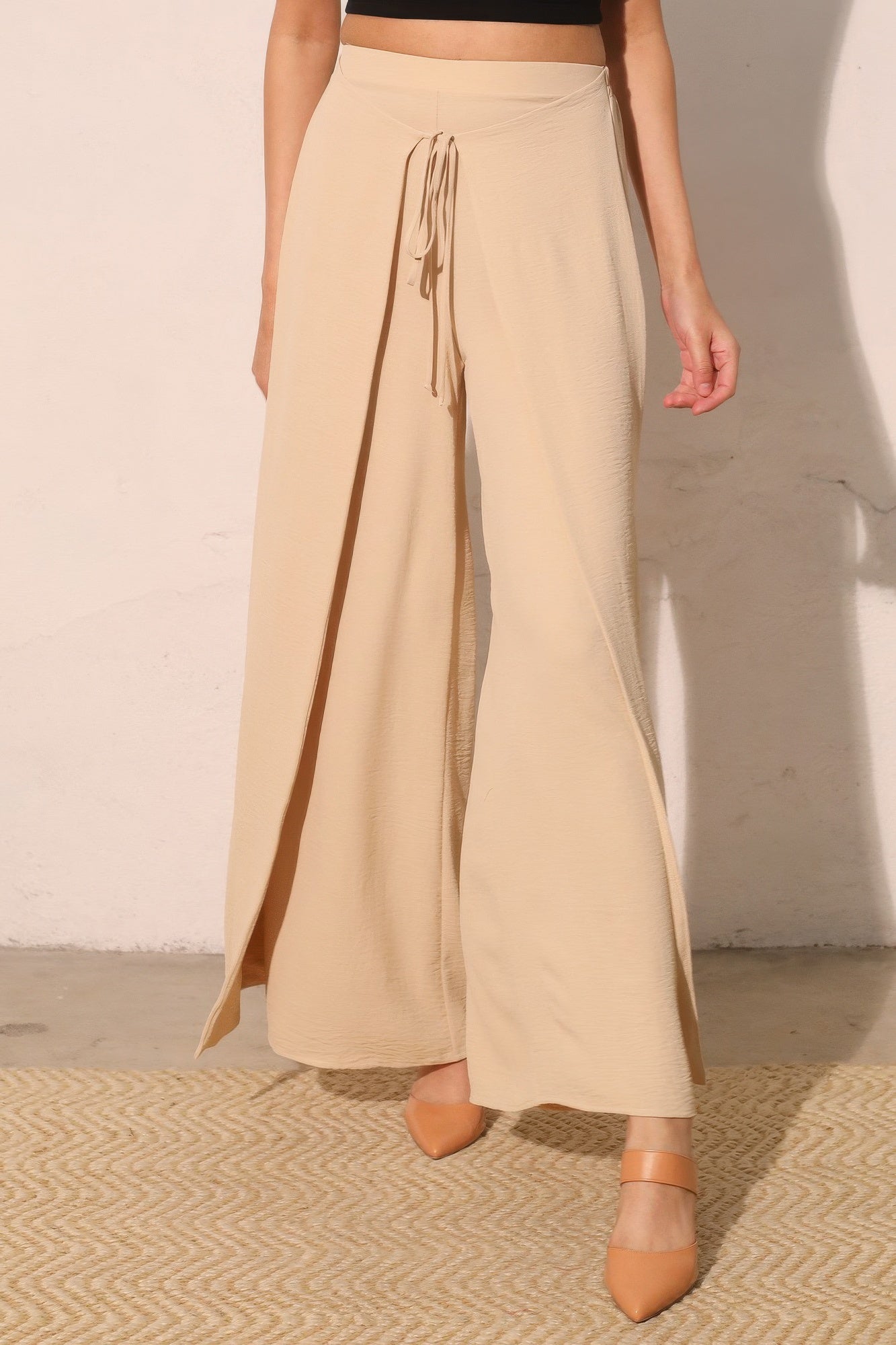Matte crepe overlap pants in neutral color from Toshe Women's Fashions, featuring a stylish, relaxed fit and modern design.