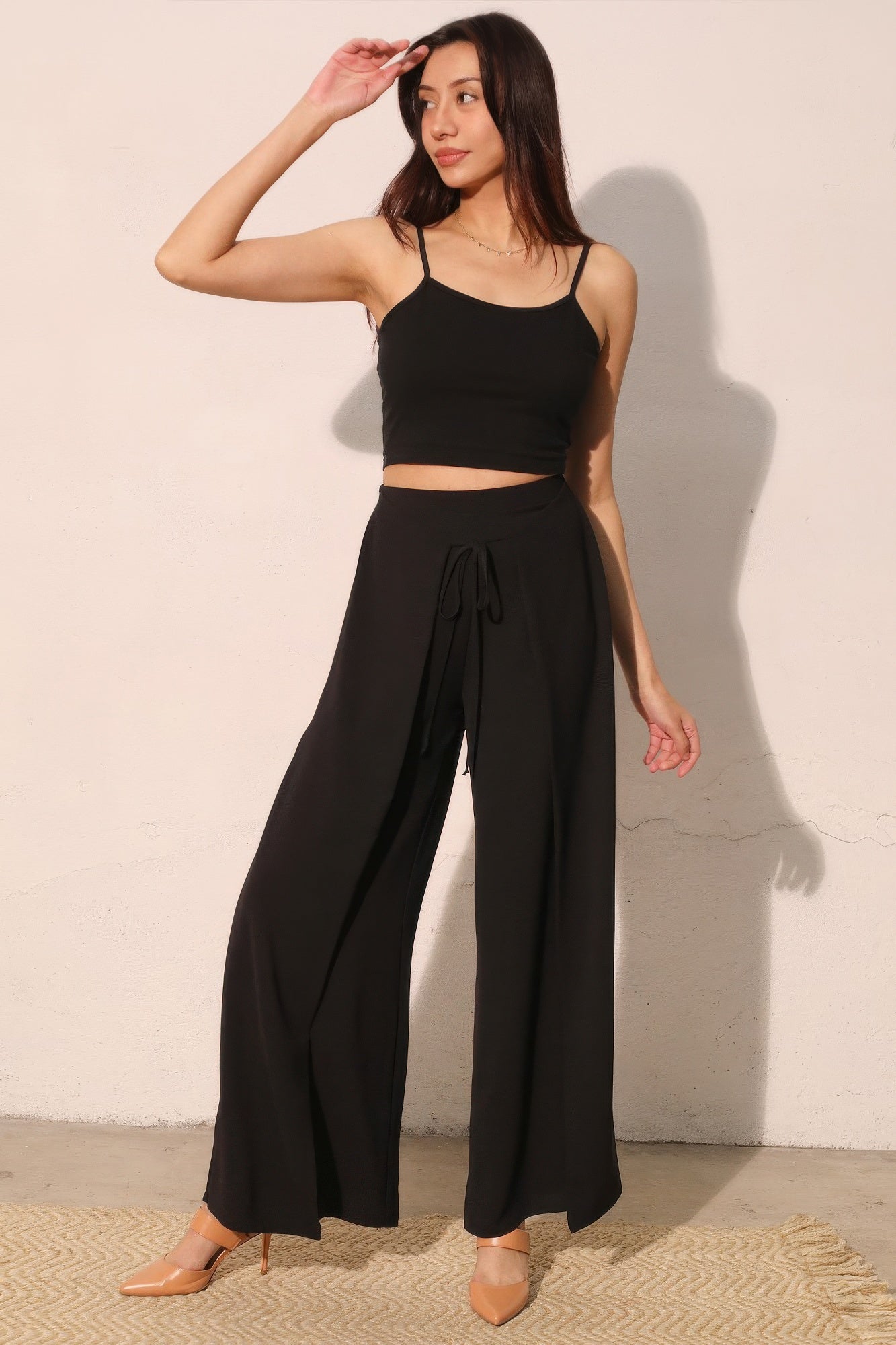Matte crepe overlap pants in a neutral color, designed for women, featuring a stylish and comfortable fit from Toshe Women's Fashions.