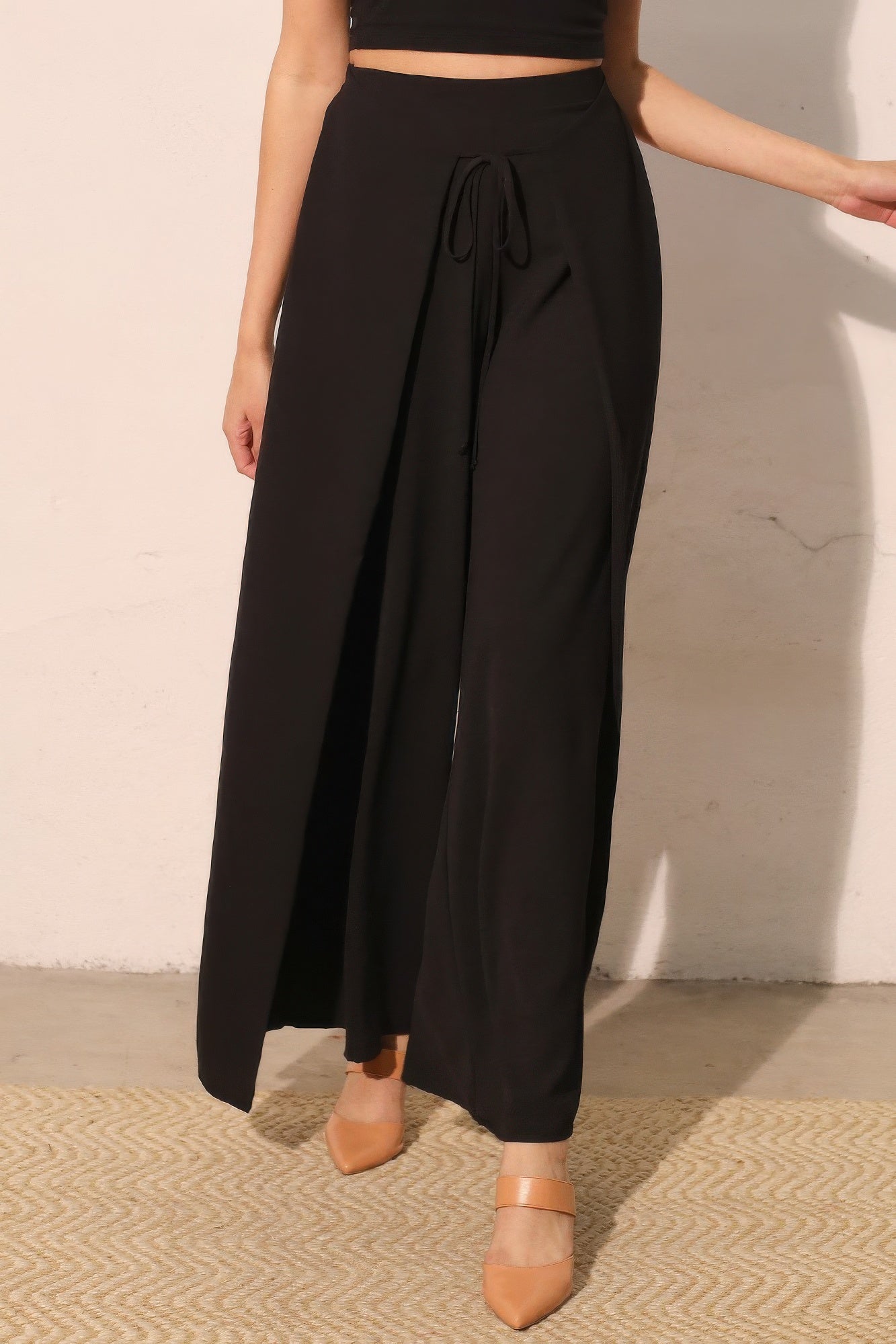 Matte crepe overlap pants by Toshe Women's Fashions, featuring a stylish layered design and tailored fit.
