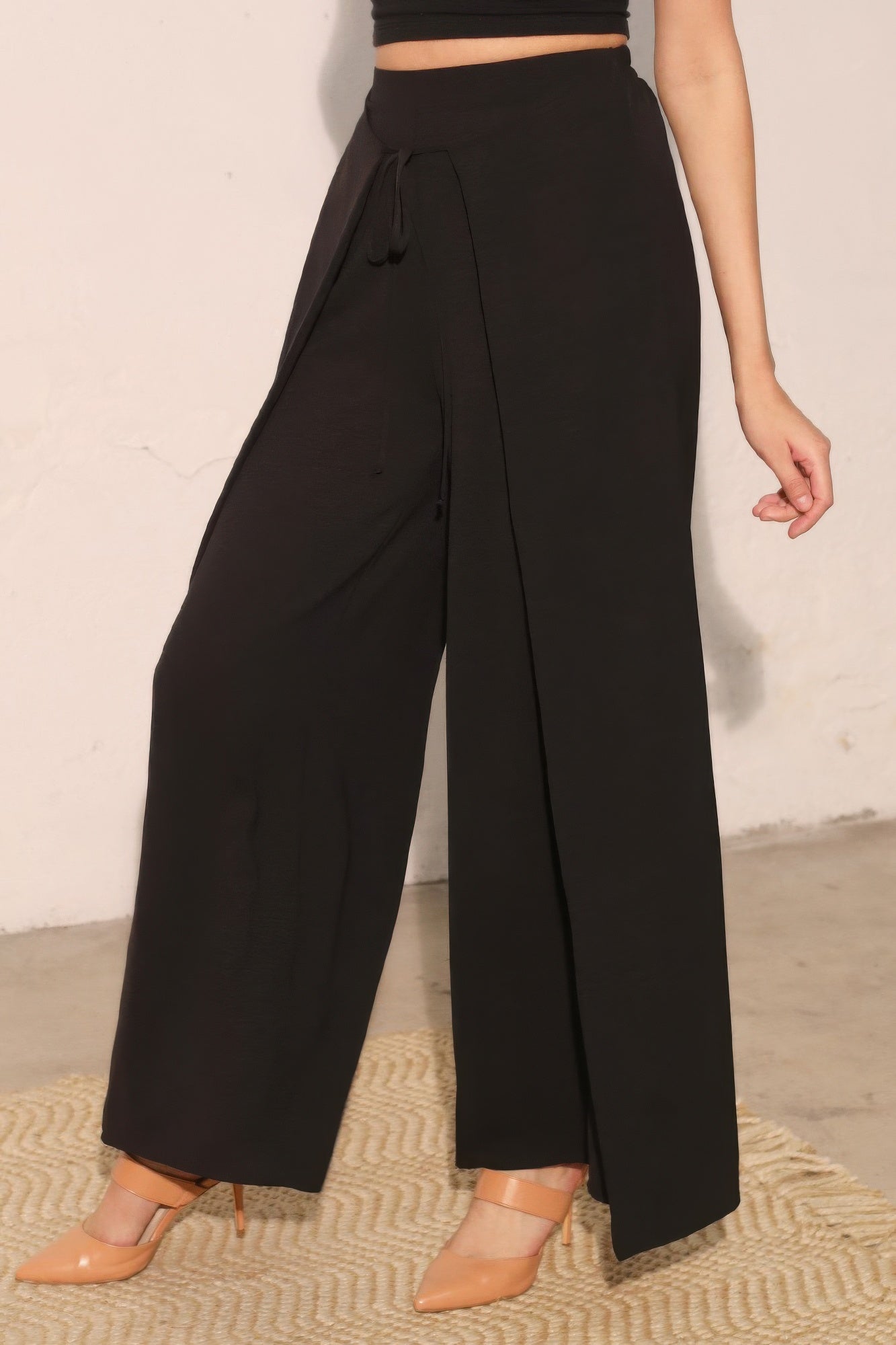 Matte crepe overlap pants in neutral tone from Toshe Women's Fashions, shown on a model.