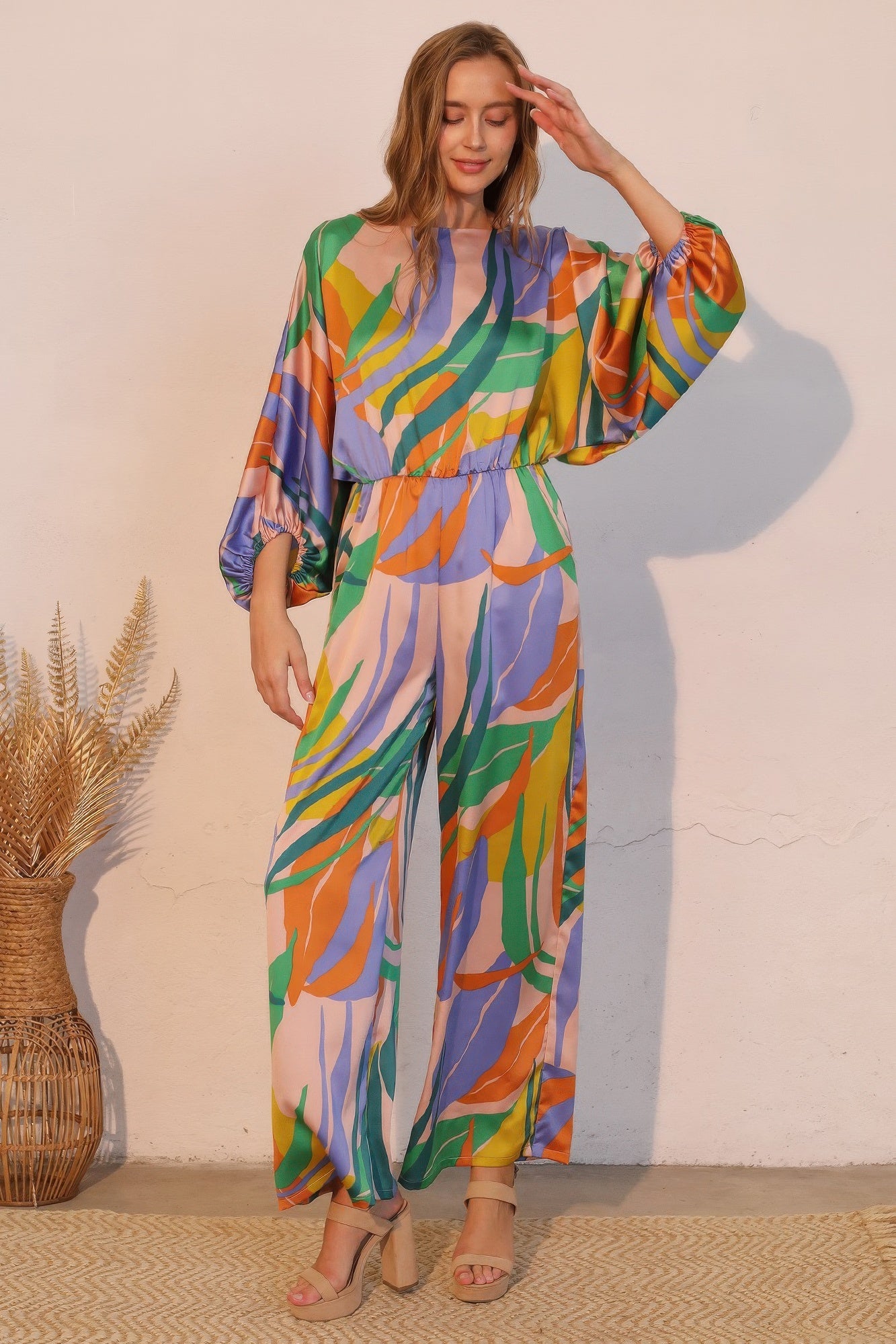 Toshe Women's Isla Tropical Satin Boat Neck Blouson Jumpsuit, lightweight fabric with relaxed fit and elegant boat neckline.