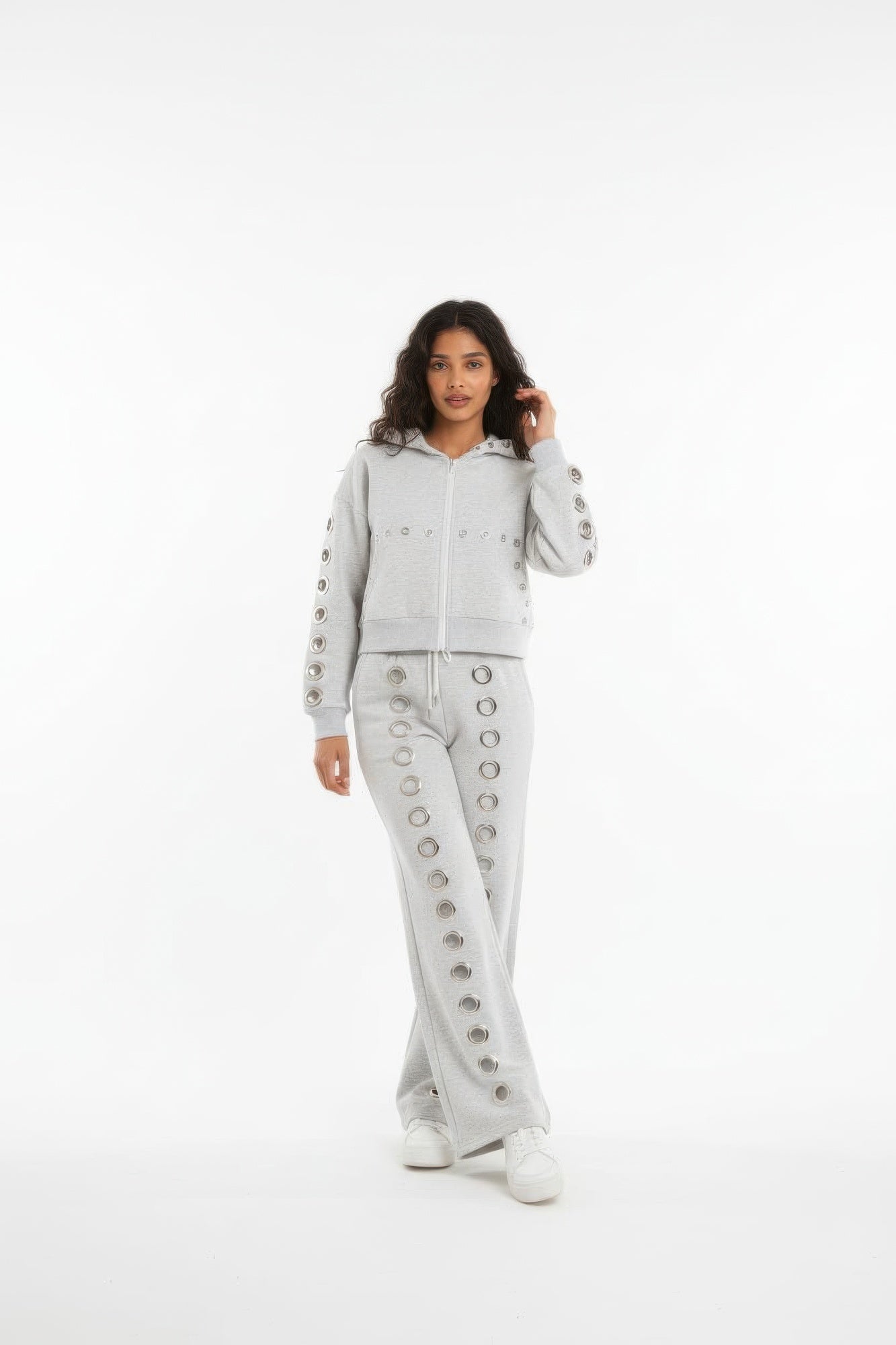 Toshe Women's Peep Hole Hooded Jacket and Front Detail Pants set, stylish casual clothing with hooded jacket and matching pants.