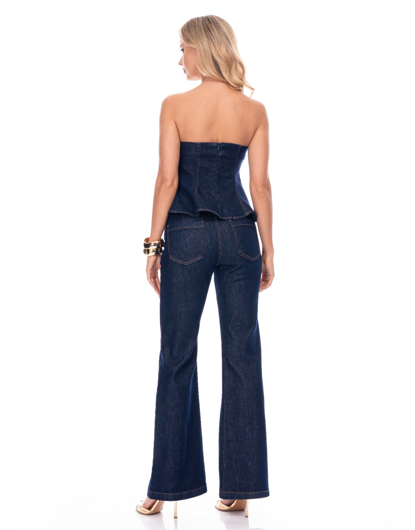 Toshe Women's Fashions denim pants with classic five-pocket design, slim fit, and medium wash denim shown on a model.