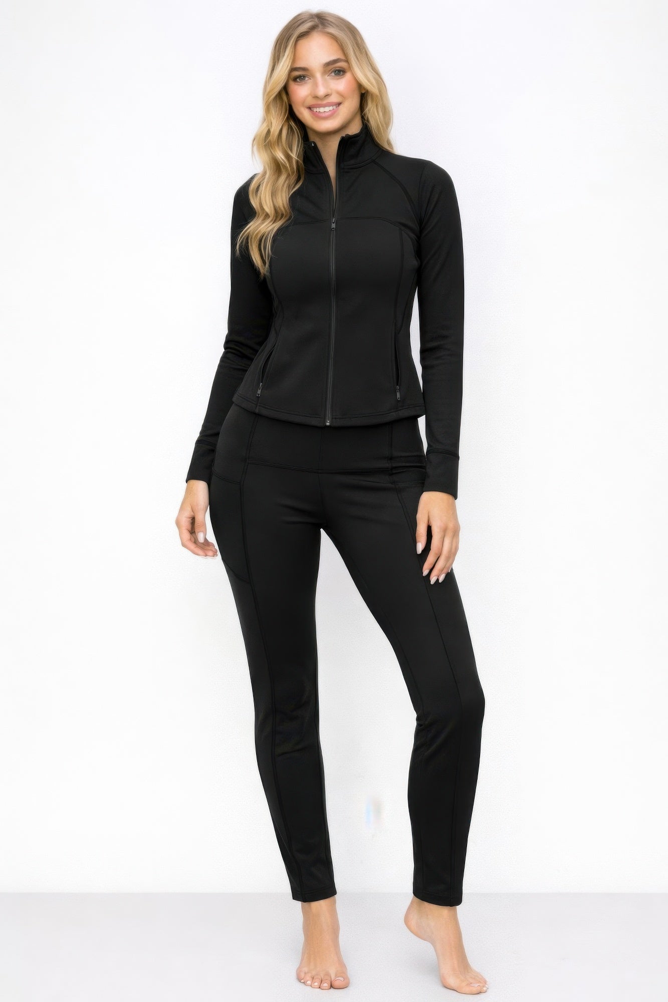 Brown high neck zip-up jacket and pant set by Toshe Women's Fashions, with the jacket featuring a front zipper and fitted style.