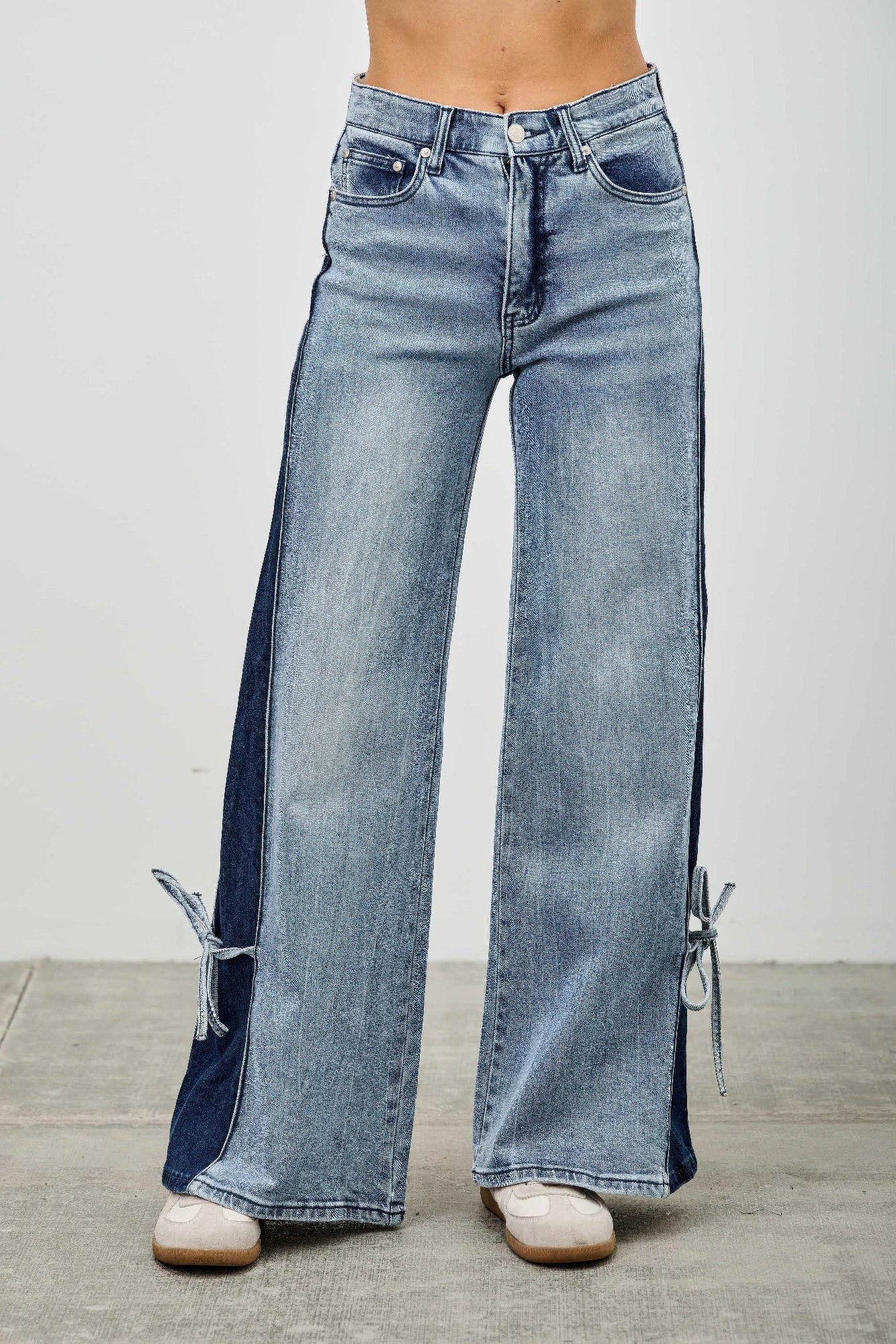 Mid rise contrast wide-leg pants with side leg tie from Toshe Women's Fashions, showing the stylish design and flowy fit.