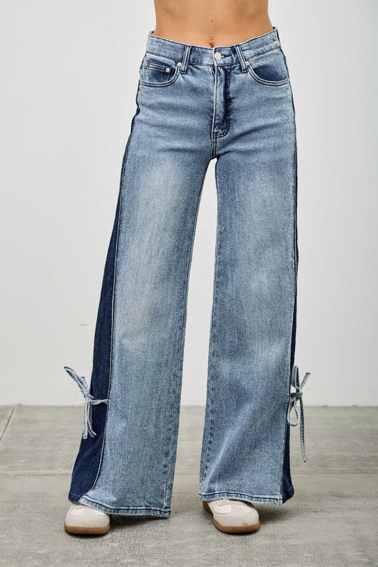 Mid rise contrast wide-leg pants with side leg tie from Toshe Women's Fashions, showing the stylish design and flowy fit.