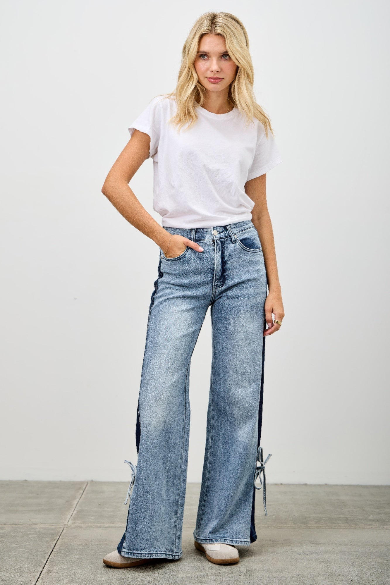 Mid-rise contrast wide-leg pants with side leg tie, stylish women's trousers by Toshe Women's Fashions.