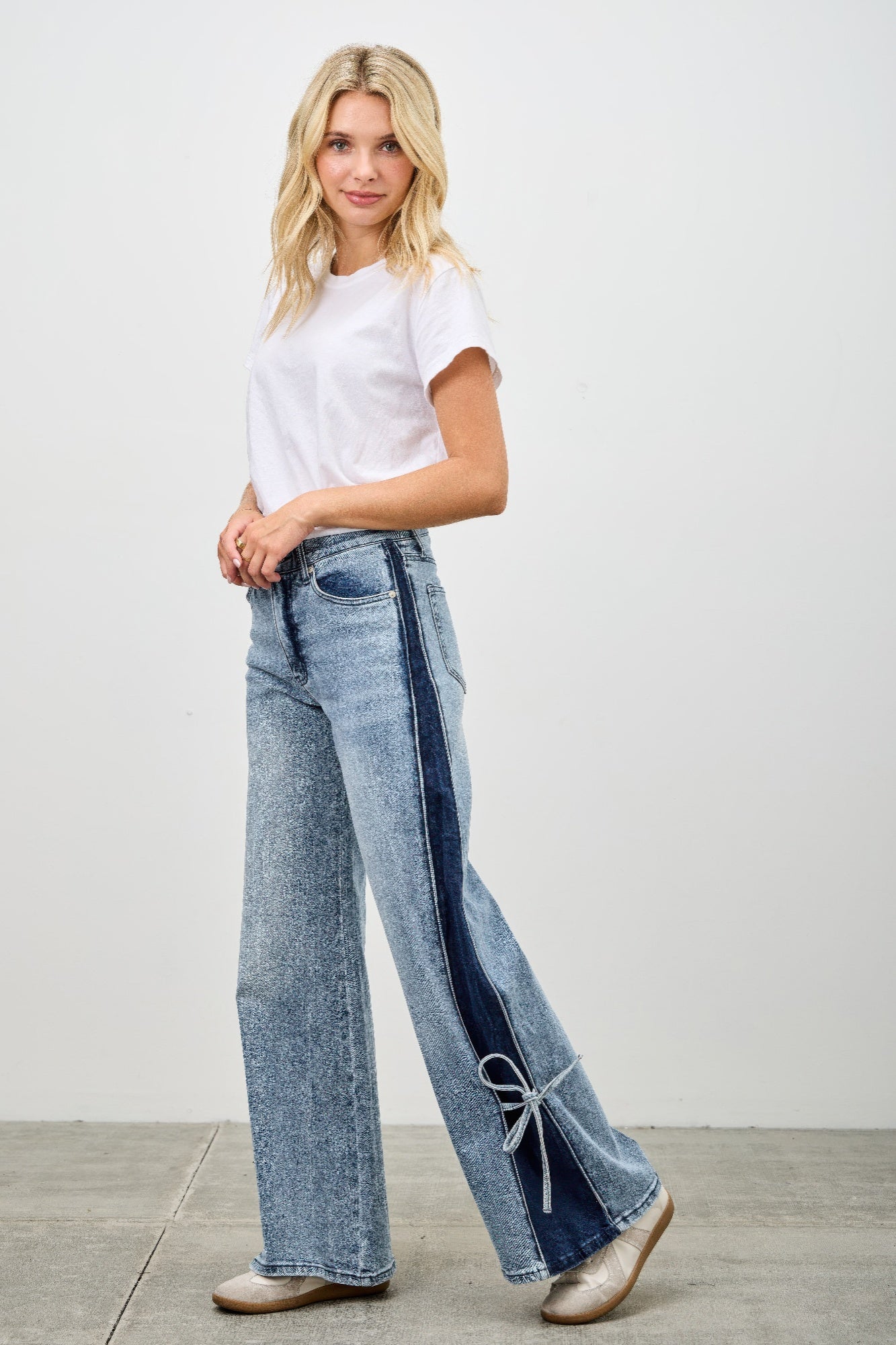 Mid-rise contrast wide-leg pants with side leg tie, designed by Toshe Women's Fashions, shown in CC60352SI1.jpg.