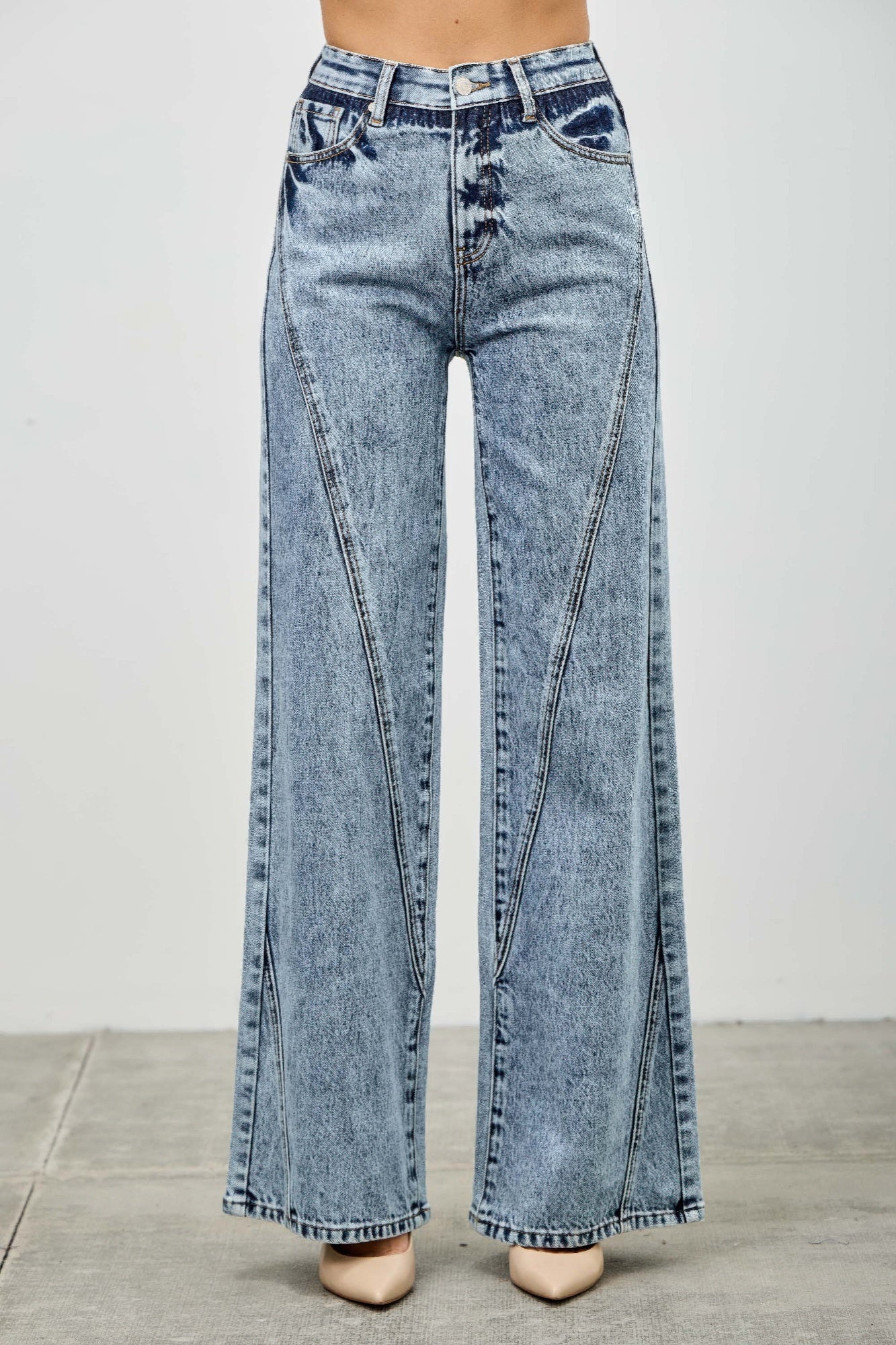 High rise relaxed straight jeans with seam detail from Toshe Women's Fashions, shown on a model.