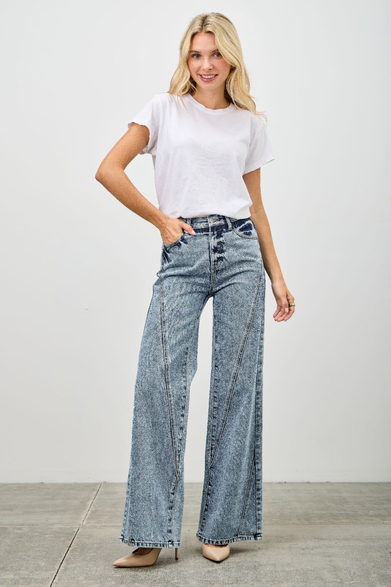 Light blue high-rise relaxed straight jeans with seam detail from Toshe Women's Fashions, showcasing the fit and stitching.