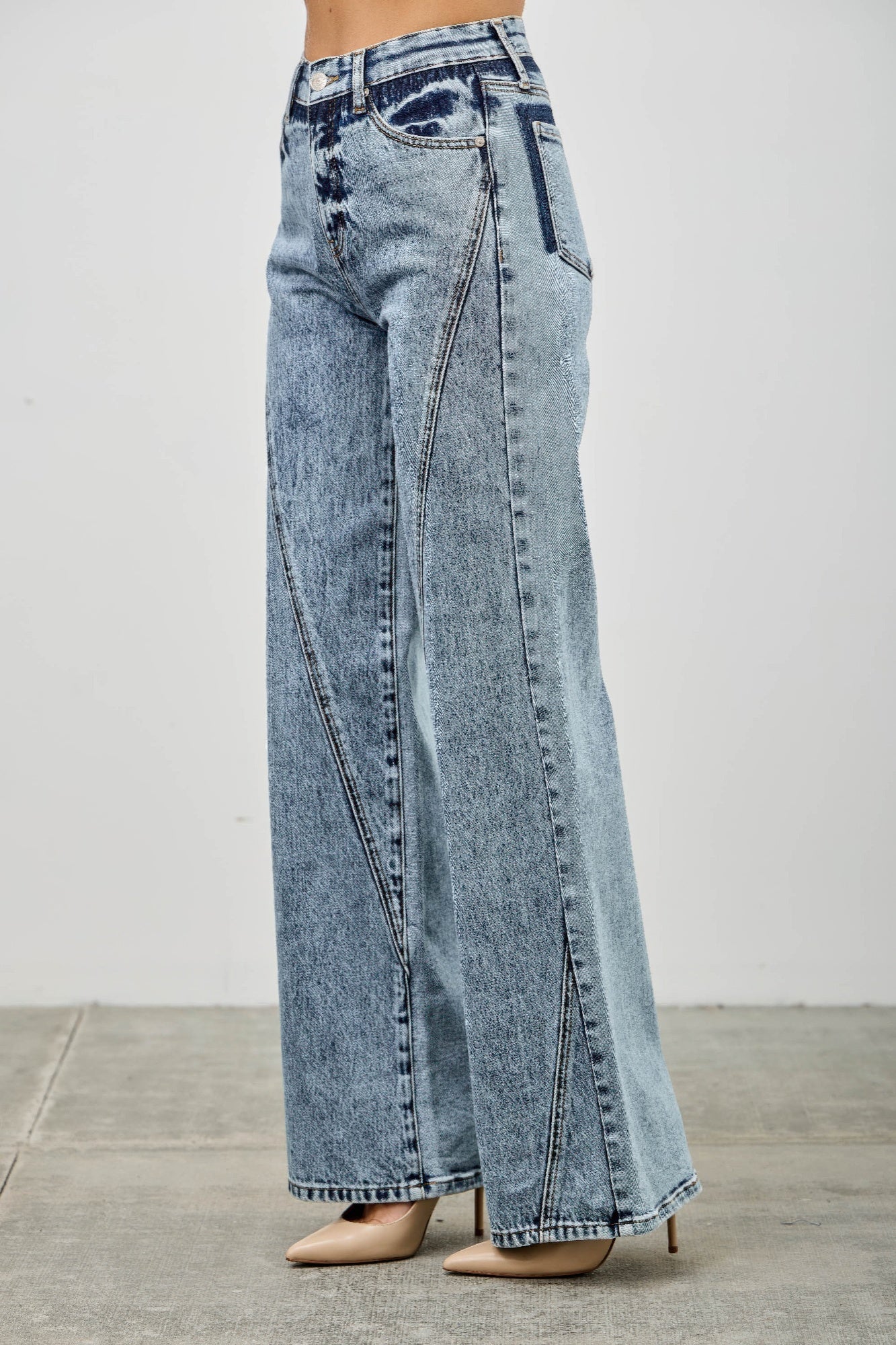 Toshe women's high rise relaxed straight jeans with seam detail, blue denim, casual fit, front pockets, and belt loops.