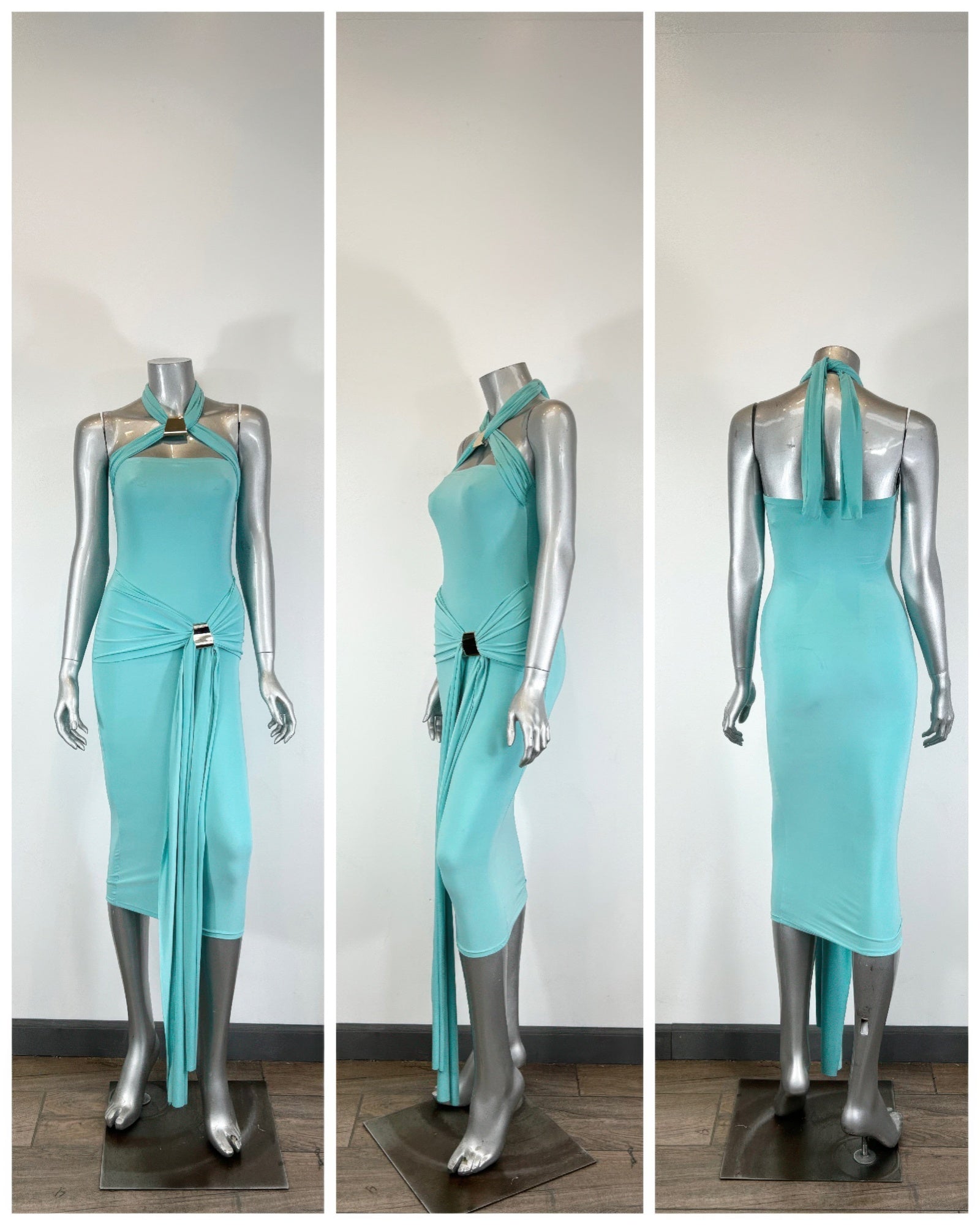 Halter-style bodycon midi dress by Toshe Women's Fashions, fitted silhouette, knee-length design, in a solid color.