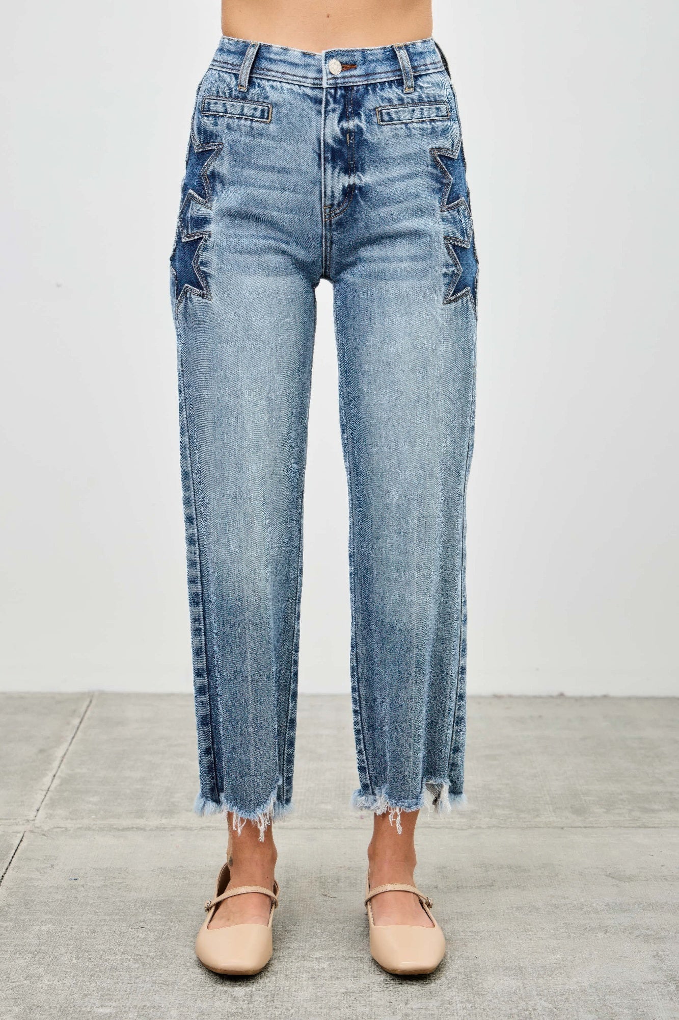 High-rise crop wide-leg pants with star pattern by Toshe Women's Fashions, shown in black with white star details.