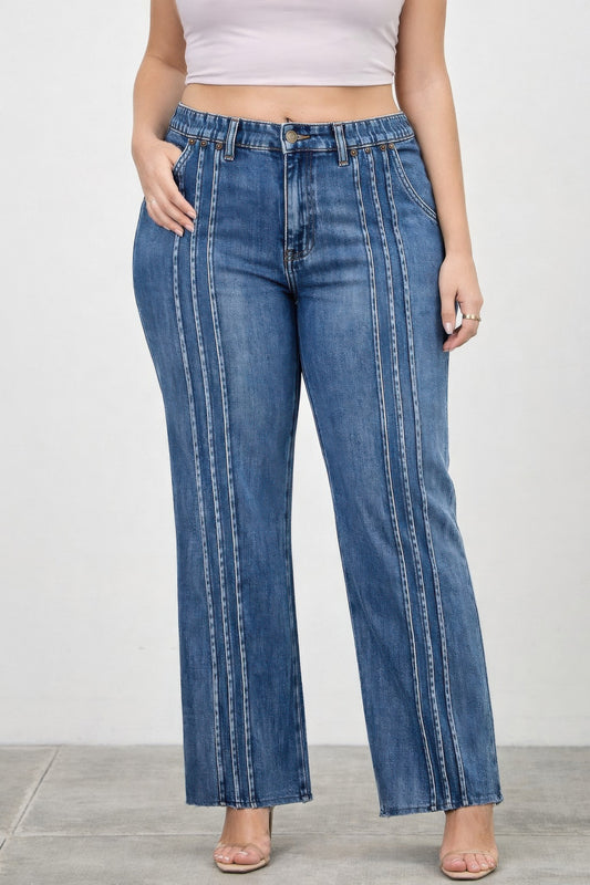 Toshe Women's Fashions high rise straight jeans with front lines, shown with a focus on the fit and stylish detail.