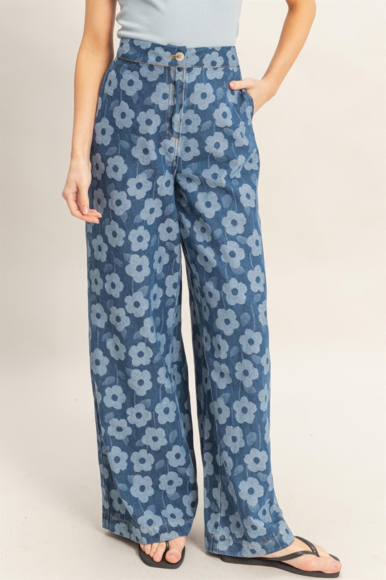 Floral wide-leg pants by Toshe Women's Fashions featuring a flowy design and vibrant floral pattern.