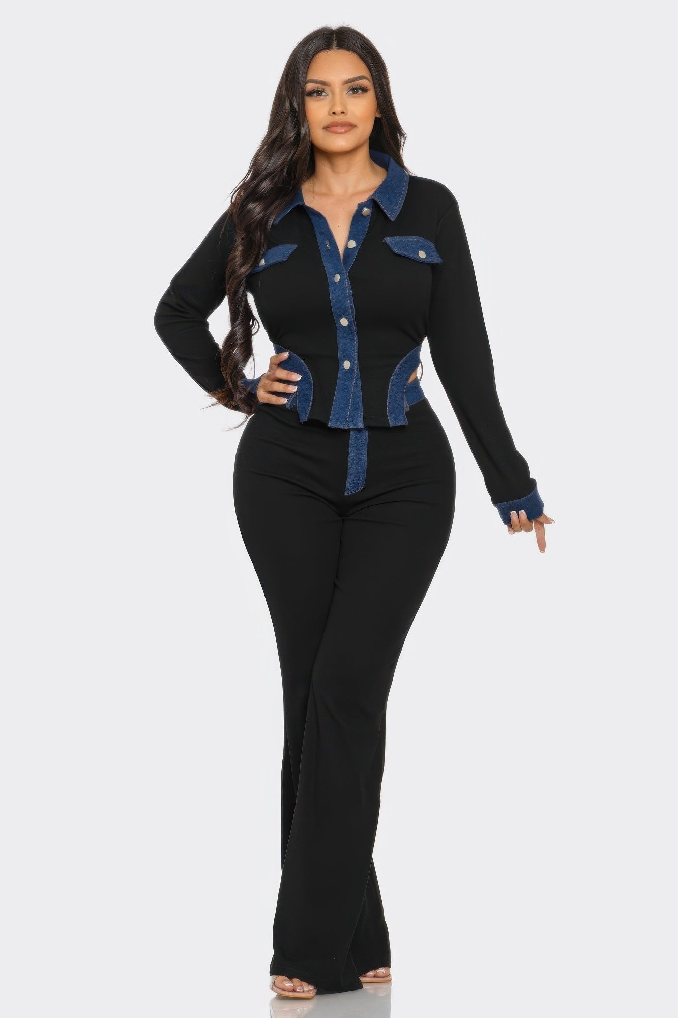 Toshe Women's Fashions denim contrast pants set with stylish jeans and matching top, casual and trendy for everyday wear.