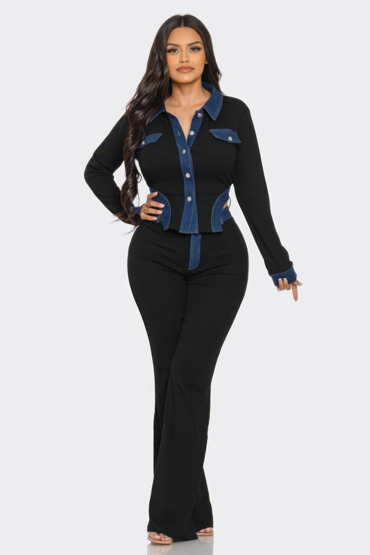 Toshe Women's Fashions denim contrast pants set with stylish jeans and matching top, casual and trendy for everyday wear.