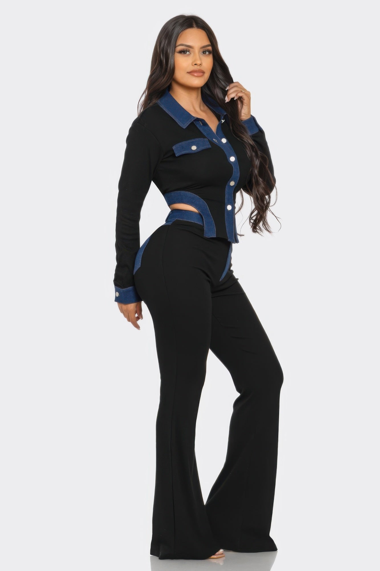 Denim contrast pants set by Toshe Women's Fashions featuring stylish blue denim with contrasting stitching and a casual fit.