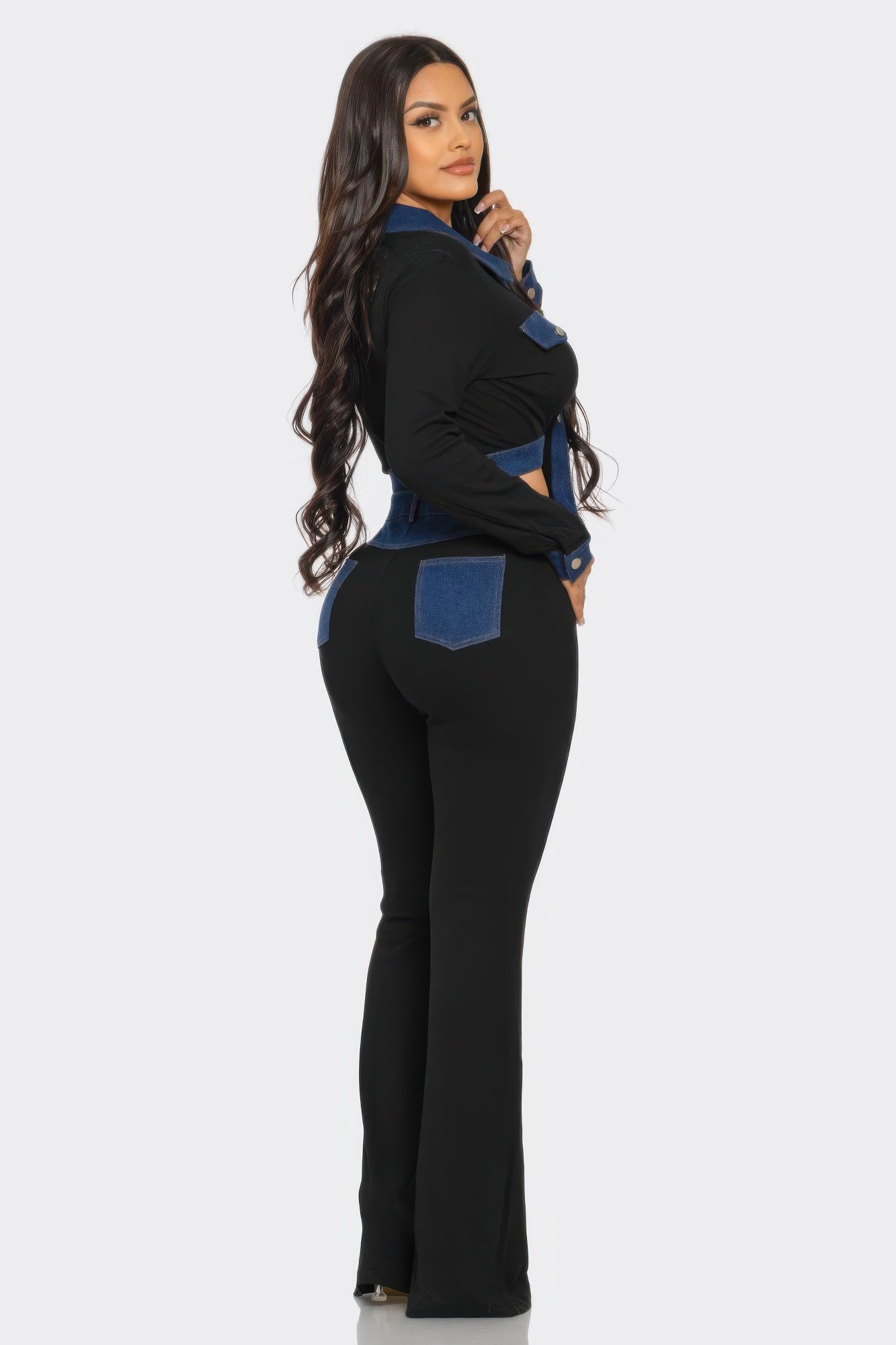 Denim contrast pants set for women featuring stylish design, including a denim jacket and matching pants from Toshe Women's Fashions.