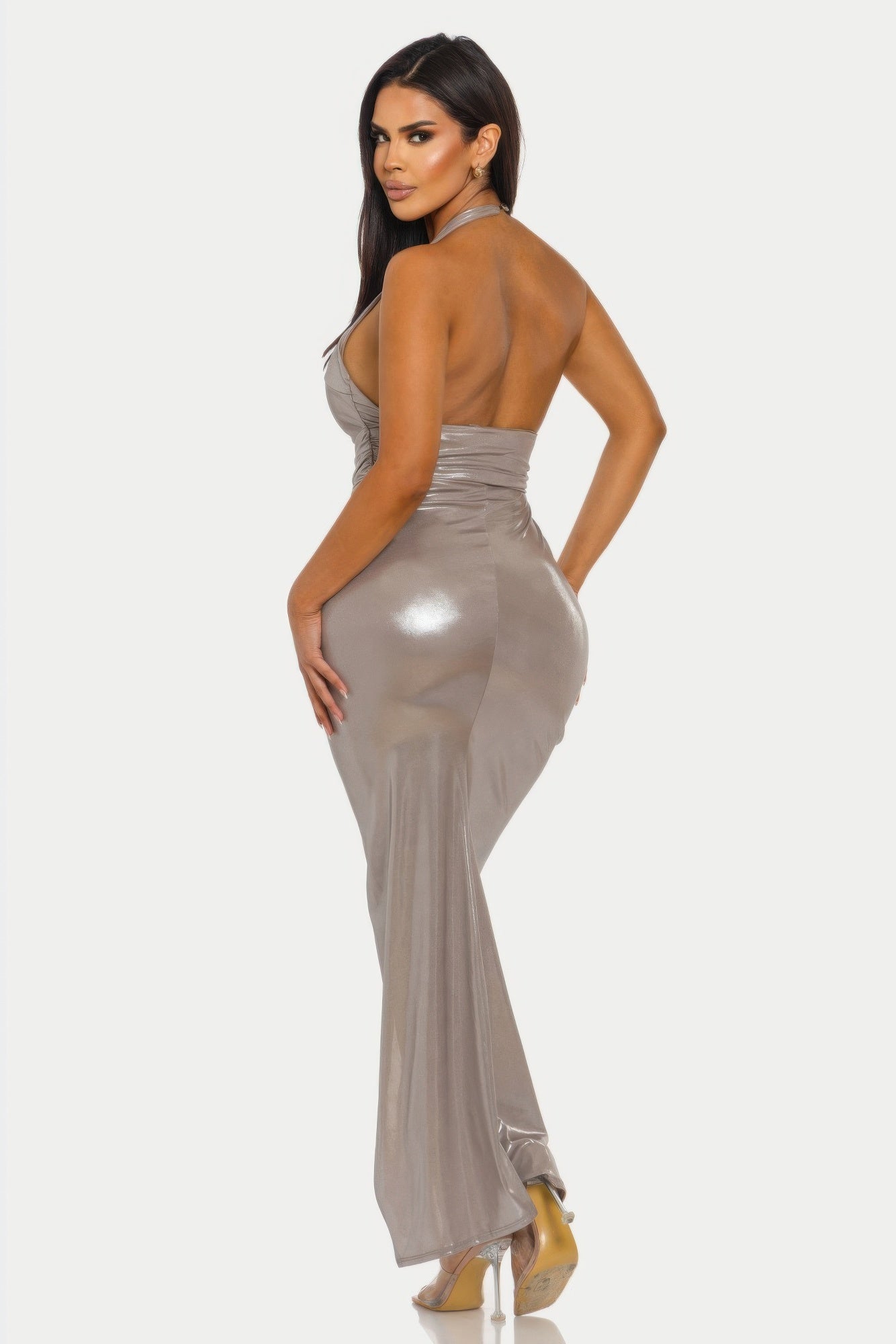 Lustrous Knot Midi Dress by Toshe Women's Fashions featuring a shiny fabric, knot detail at the waist, and a flowing midi length.