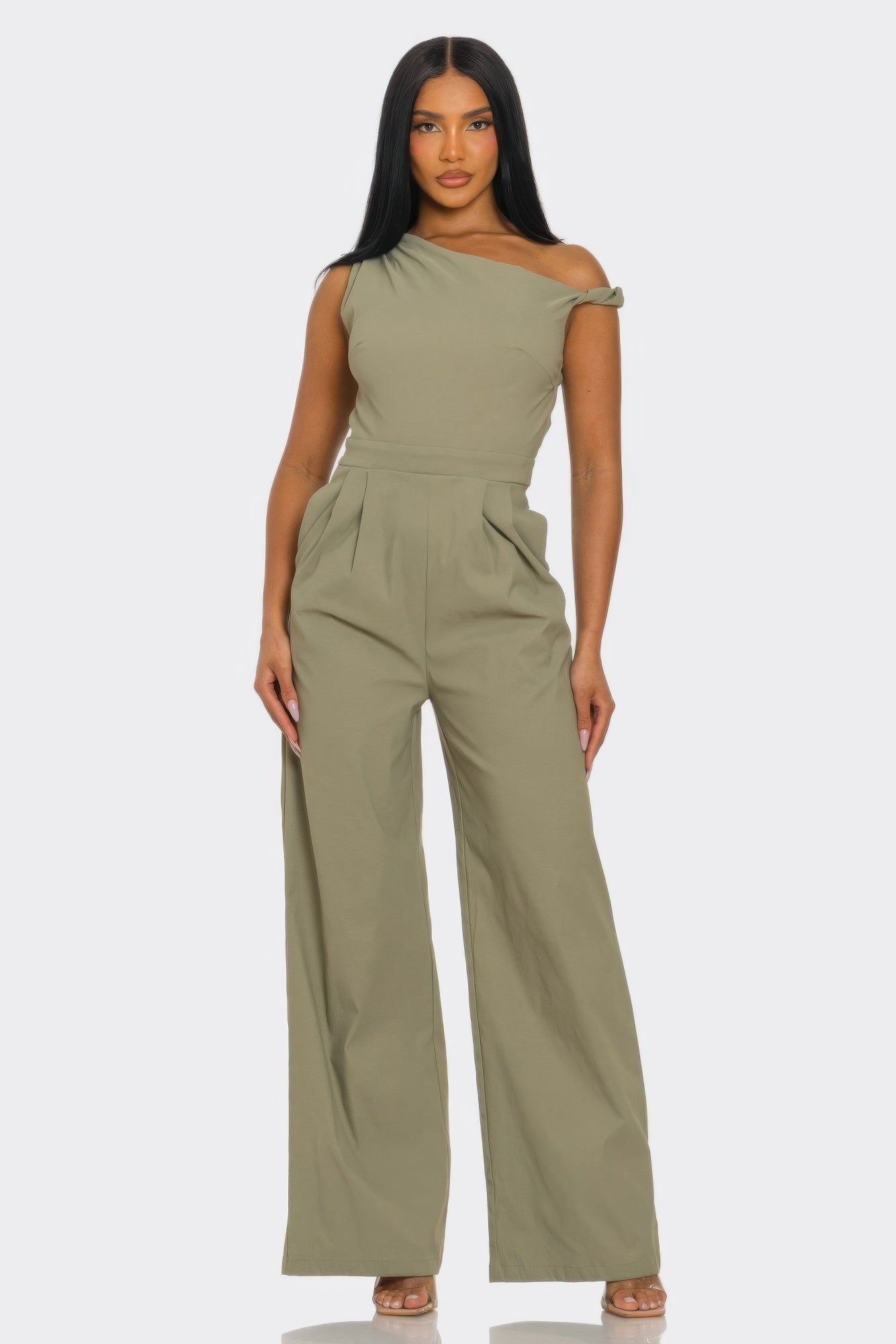Chic Toshe Women's Fashions one-shoulder jumpsuit in black, featuring a stylish design and fitted silhouette.