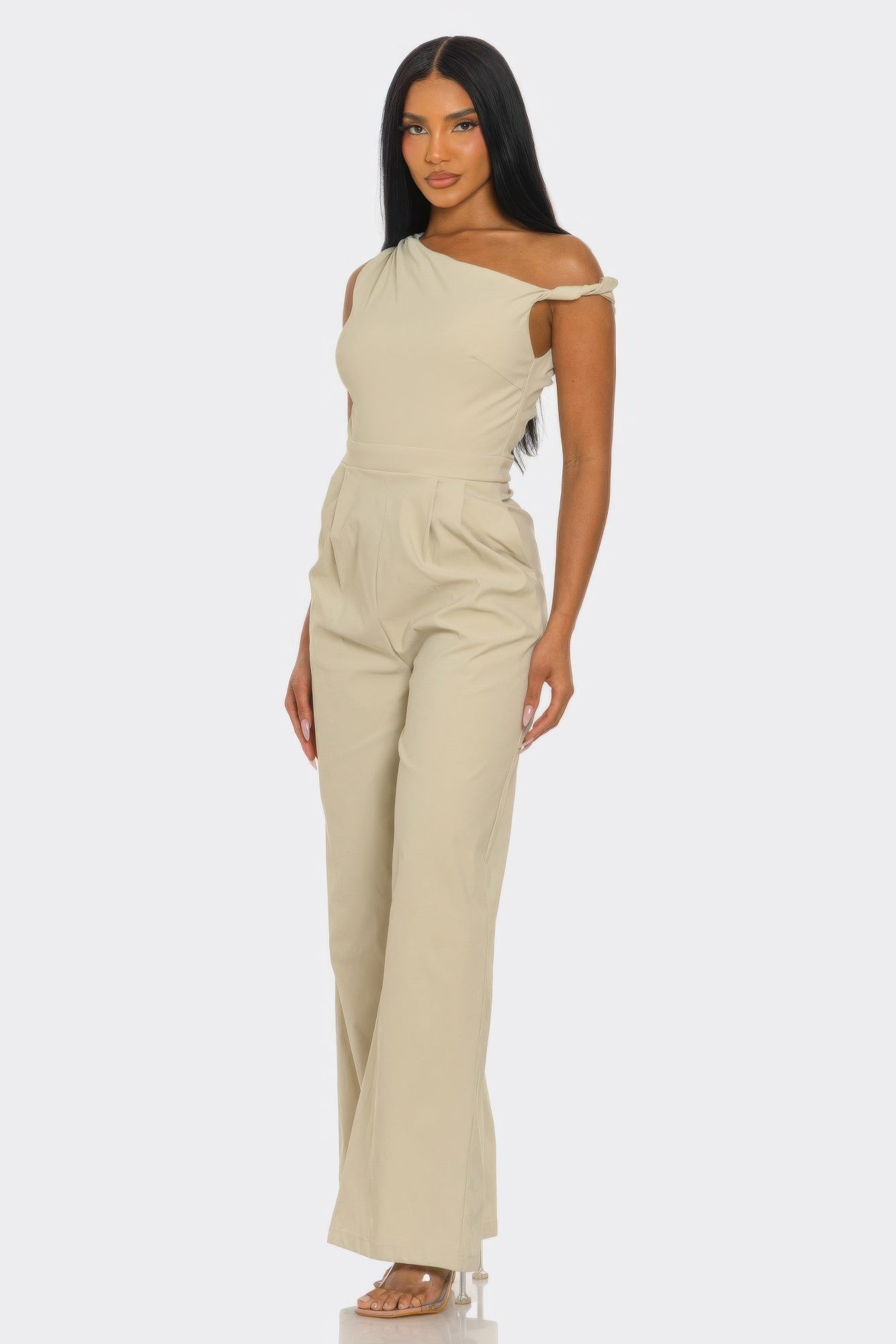 Chic Toshe Women's Fashions one-shoulder jumpsuit in black, featuring a stylish fitted design and elegant silhouette.