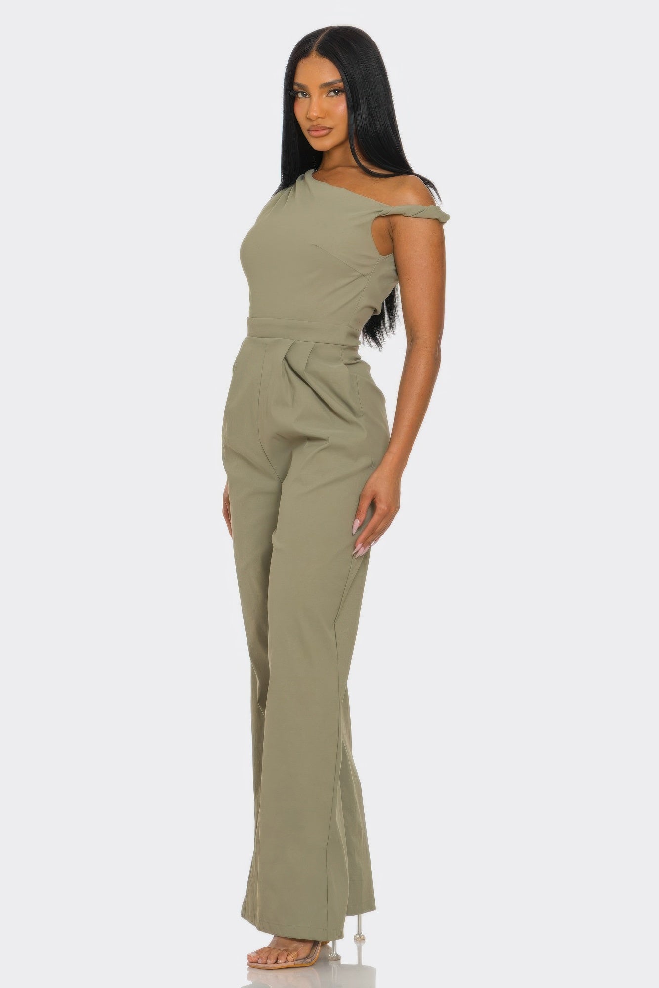Elegant chic poise one-shoulder jumpsuit by Toshe Women's Fashions, featuring a sleek silhouette and stylish design.