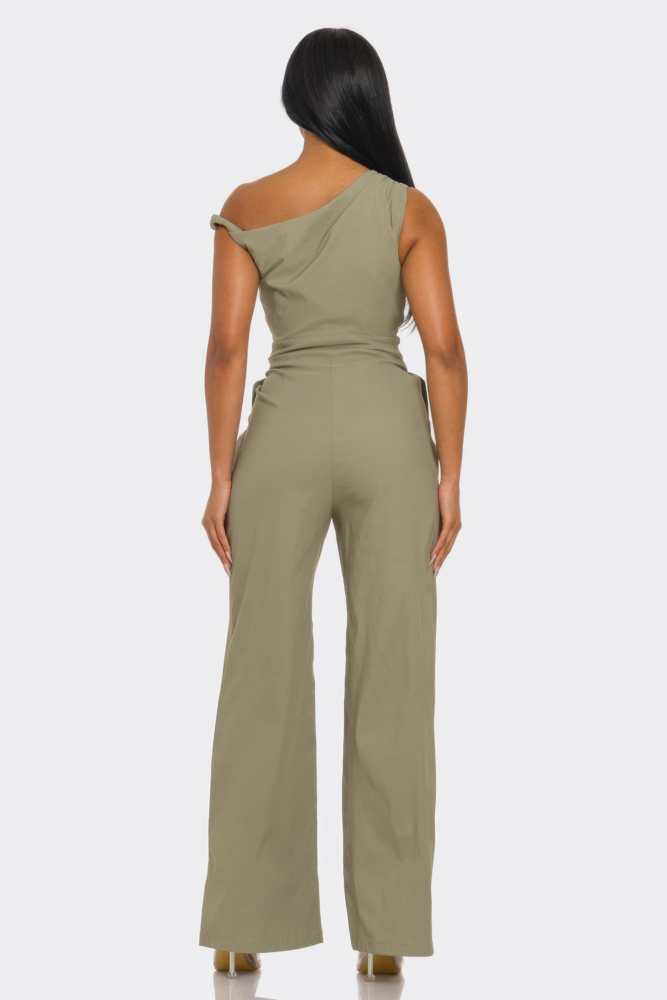 Toshe Women's Fashions Chic Poise one-shoulder jumpsuit in black, featuring a stylish fit and elegant design.