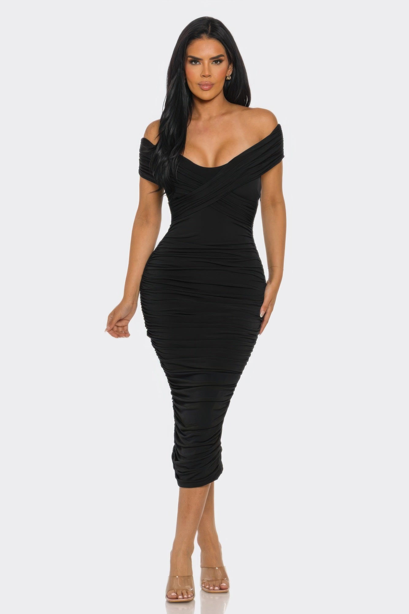 Elysian Drap in Toshe Women's Fashions, stylish women's dress with flowing fabric and elegant design, shown on a model.