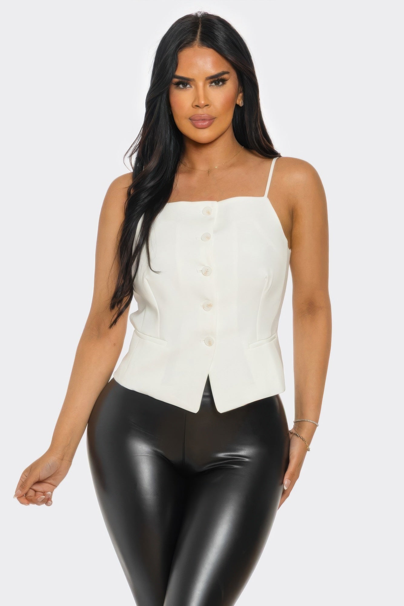 Ivory chic button-up corset top by Toshe Women's Fashions, featuring a fitted design with front buttons and adjustable straps.