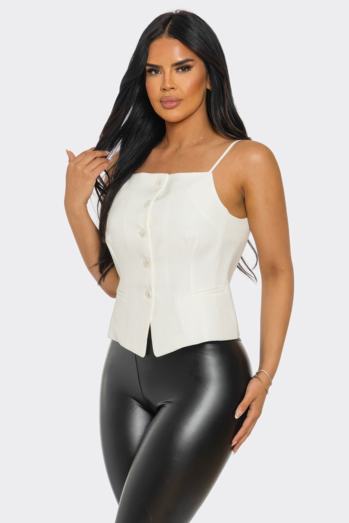 Ivory Chic button-up corset top by Toshe Women's Fashions, featuring a fitted design and front button details.