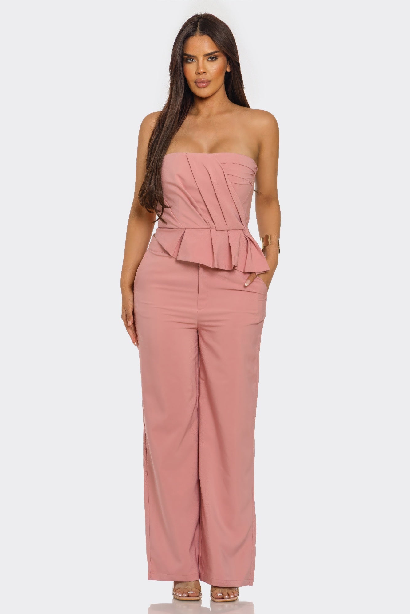 Sculpted Grace two-piece set by Toshe Women's Fashions featuring a fitted top and matching high-waisted pants, stylish and modern.
