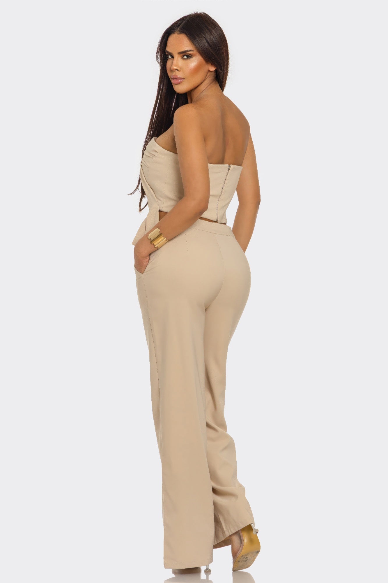 Sculpted Grace two-piece set by Toshe Women's Fashions featuring a fitted top and matching high-waisted pants in a sleek design.