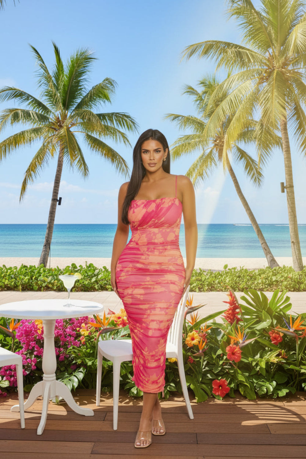 Toshe Women's Fashions Sunset Bloom Mesh Dress featuring floral patterns and flowing fabric for elegant summer wear.