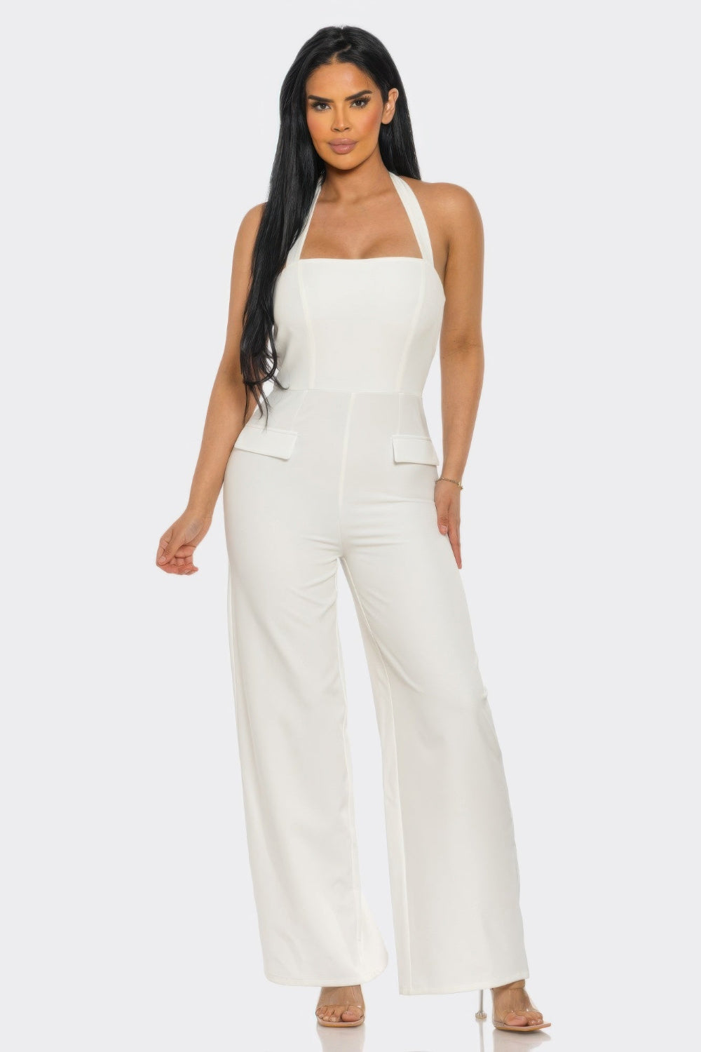Toshe Women's Fashions halter neck jumpsuit with back zipper, sleeveless design, and fitted waist, shown on a model.