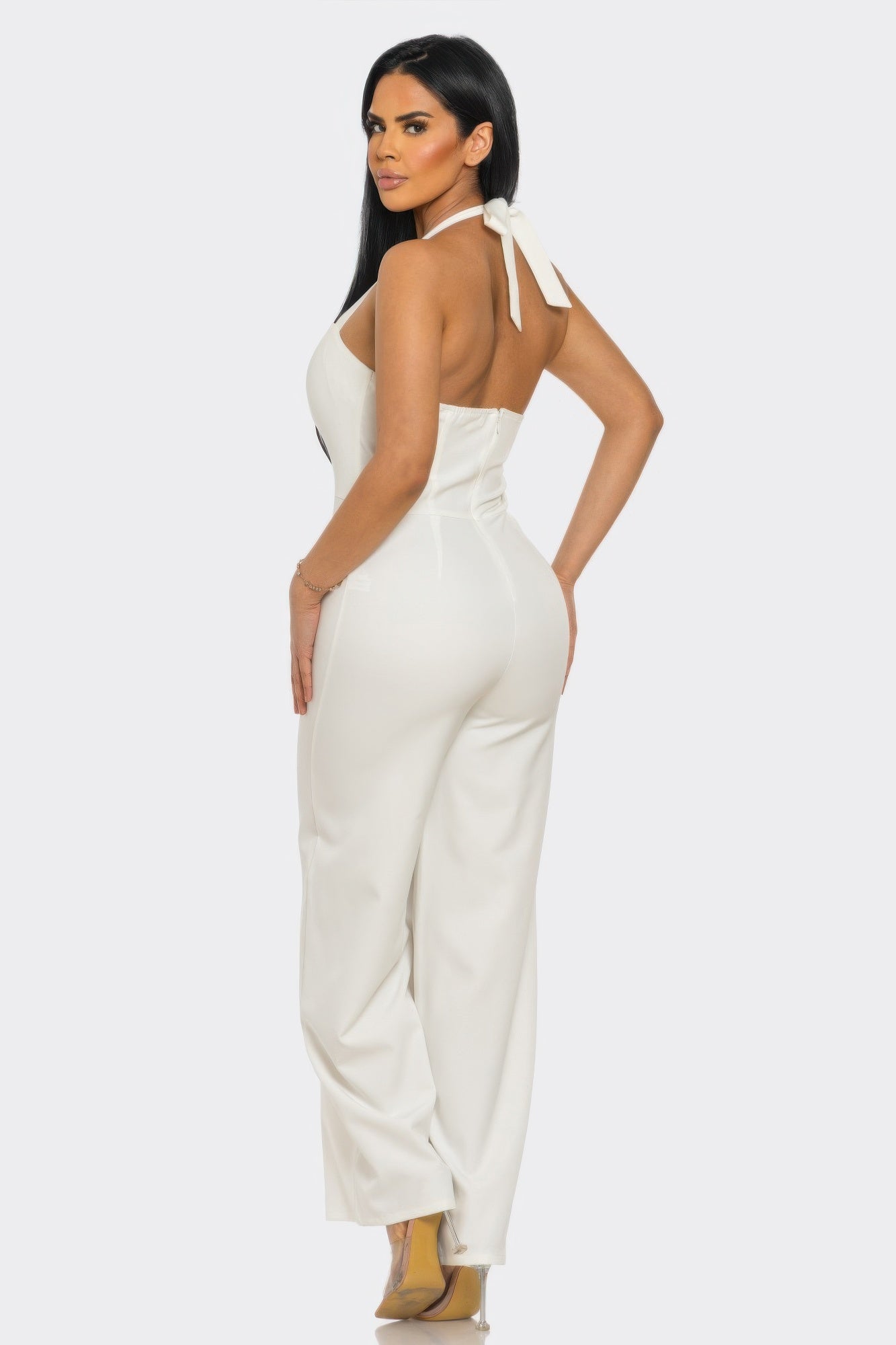 Toshe Women's Fashions halter neck jumpsuit with back zipper, sleeveless design, fitted waist, and wide-leg pants.