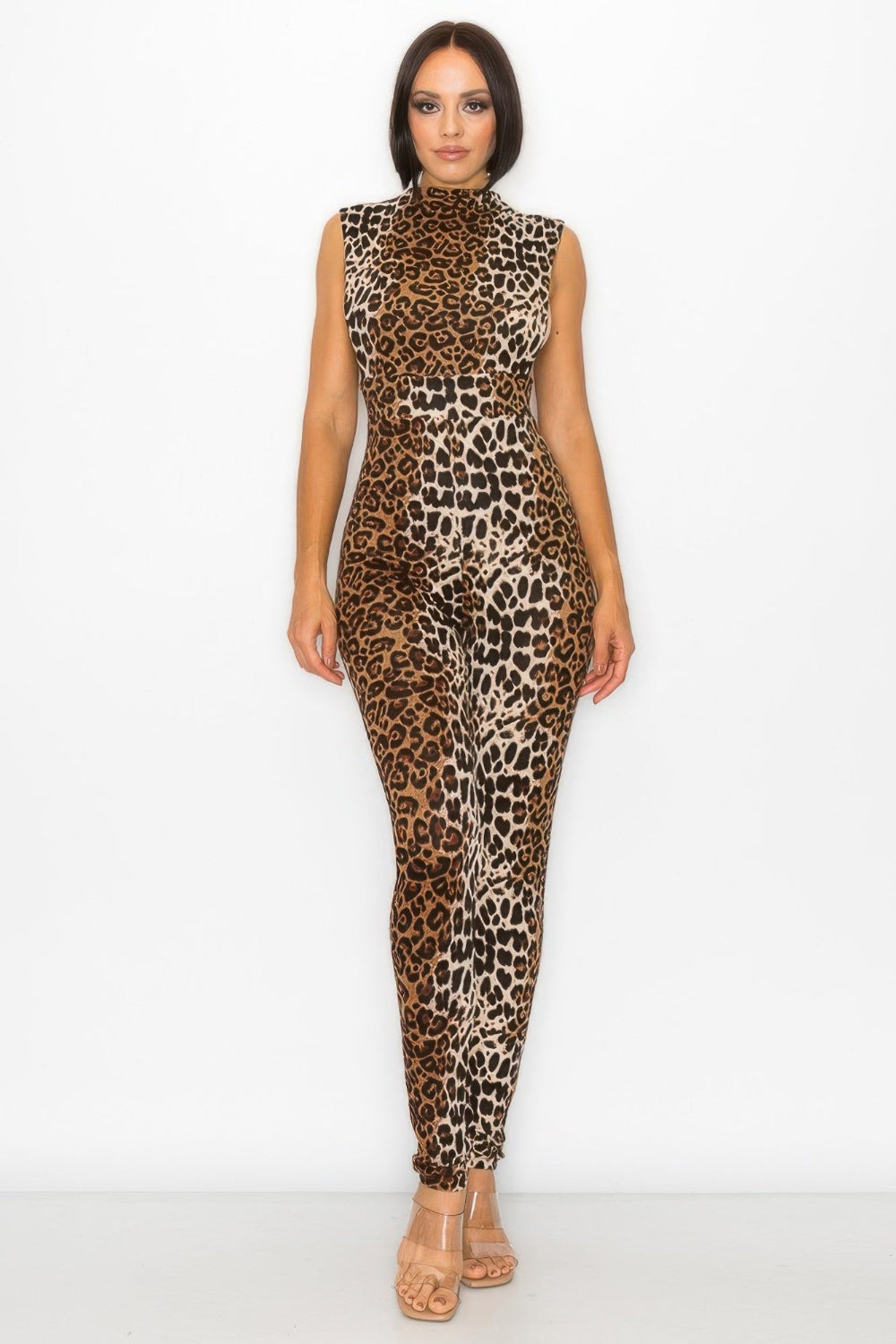 Leopard print open side detail jumpsuit by Toshe Women's Fashions, featuring a stylish design with side cutouts and a fitted silhouette.