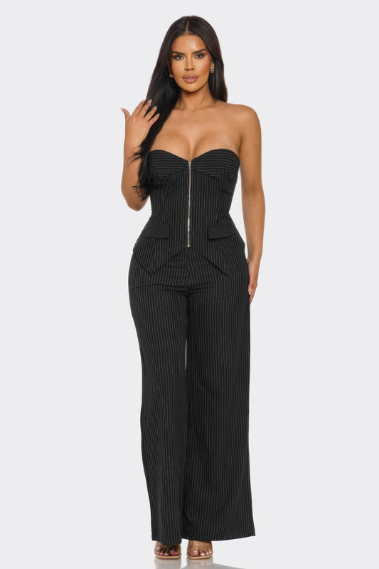 Off-shoulder vest top and matching pants set by Toshe Women's Fashions, stylish power structure outfit in black fabric.
