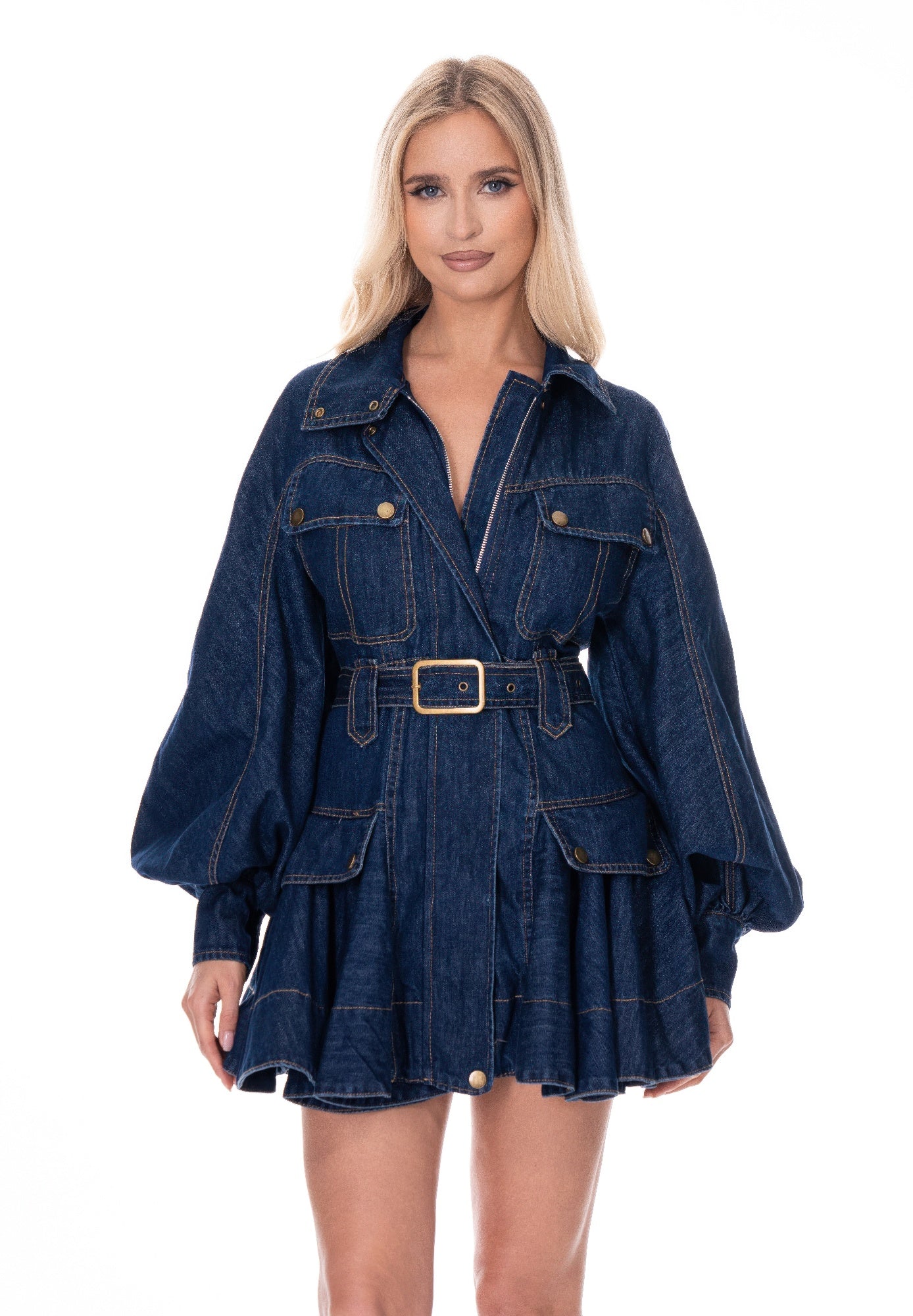 Toshe Women's Fashions belted denim mini dress with adjustable waist belt and sleeveless design, casual and stylish for warm weather.