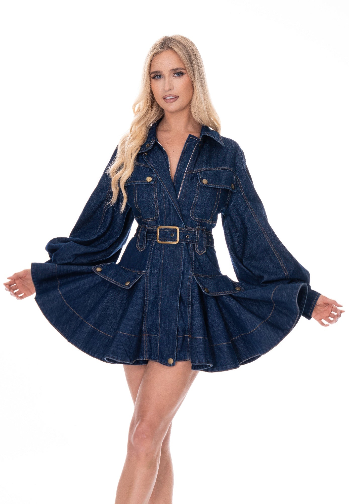 Blue belted denim mini dress by Toshe Women's Fashions, featuring a fitted silhouette and adjustable waist belt.