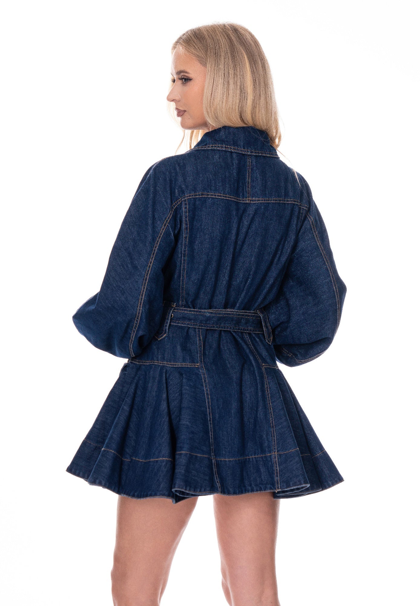 Toshe Women's Fashions belted denim mini dress with short sleeves and front pockets, displayed on a hanger.