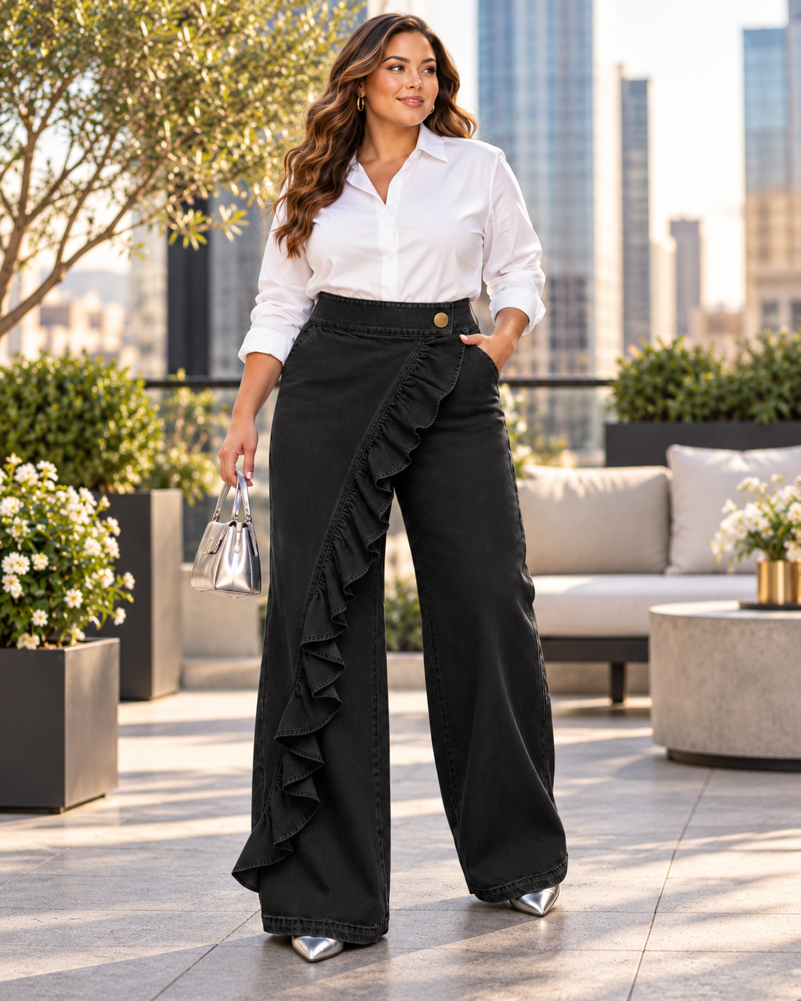 Ruffled Wide-Leg Jeans