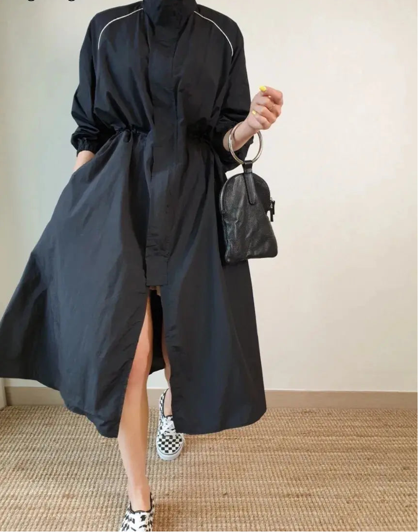 Stand-up Collar Puff Sleeve Buckle Design Dress