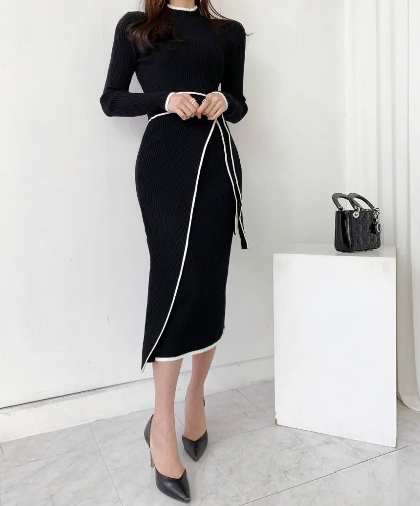 High Collar Knitted Piping Accent Sweater Dress