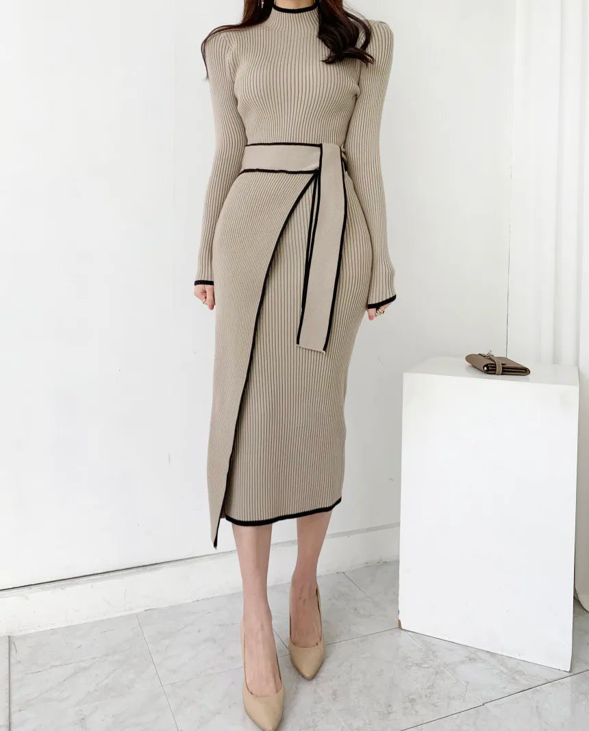 High Collar Knitted Piping Accent Sweater Dress