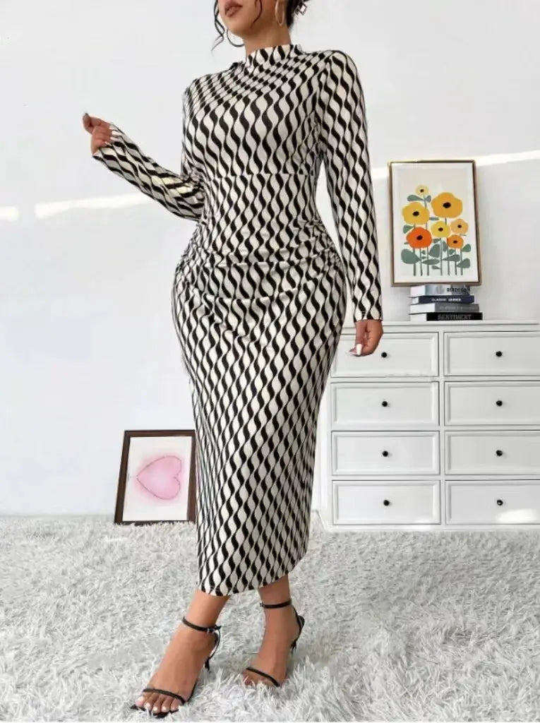 Wave Print Bodycon Dress Toshe Women's Fashions