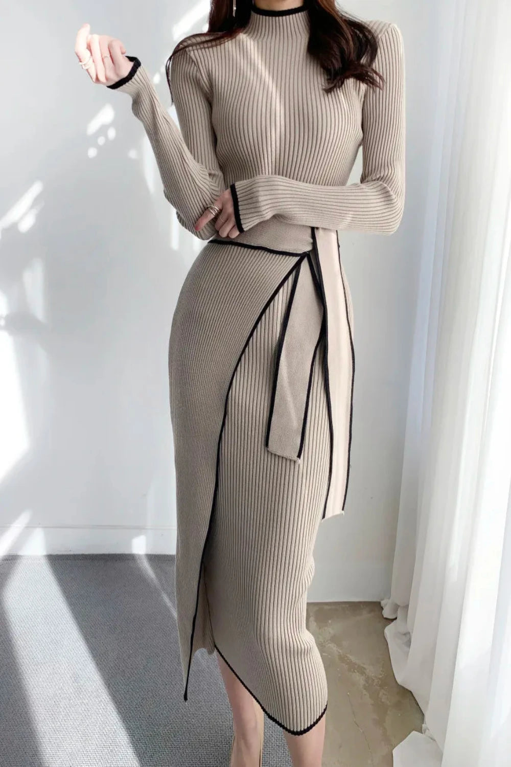 High Collar Knitted Piping Accent Sweater Dress