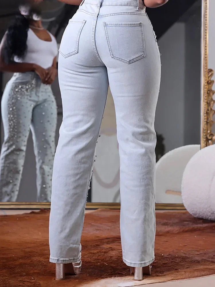 Beading Jeans High Waist Slim Spring Casual Denim Pant - Toshe Women's Fashions